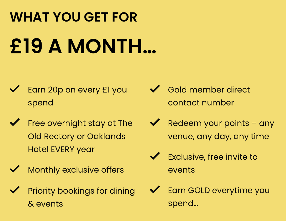 Promotional graphic with a yellow background promoting a subscription service for £19 a month, listing benefits such as earning points, free overnight stays, exclusive offers, priority bookings, and earning gold.
