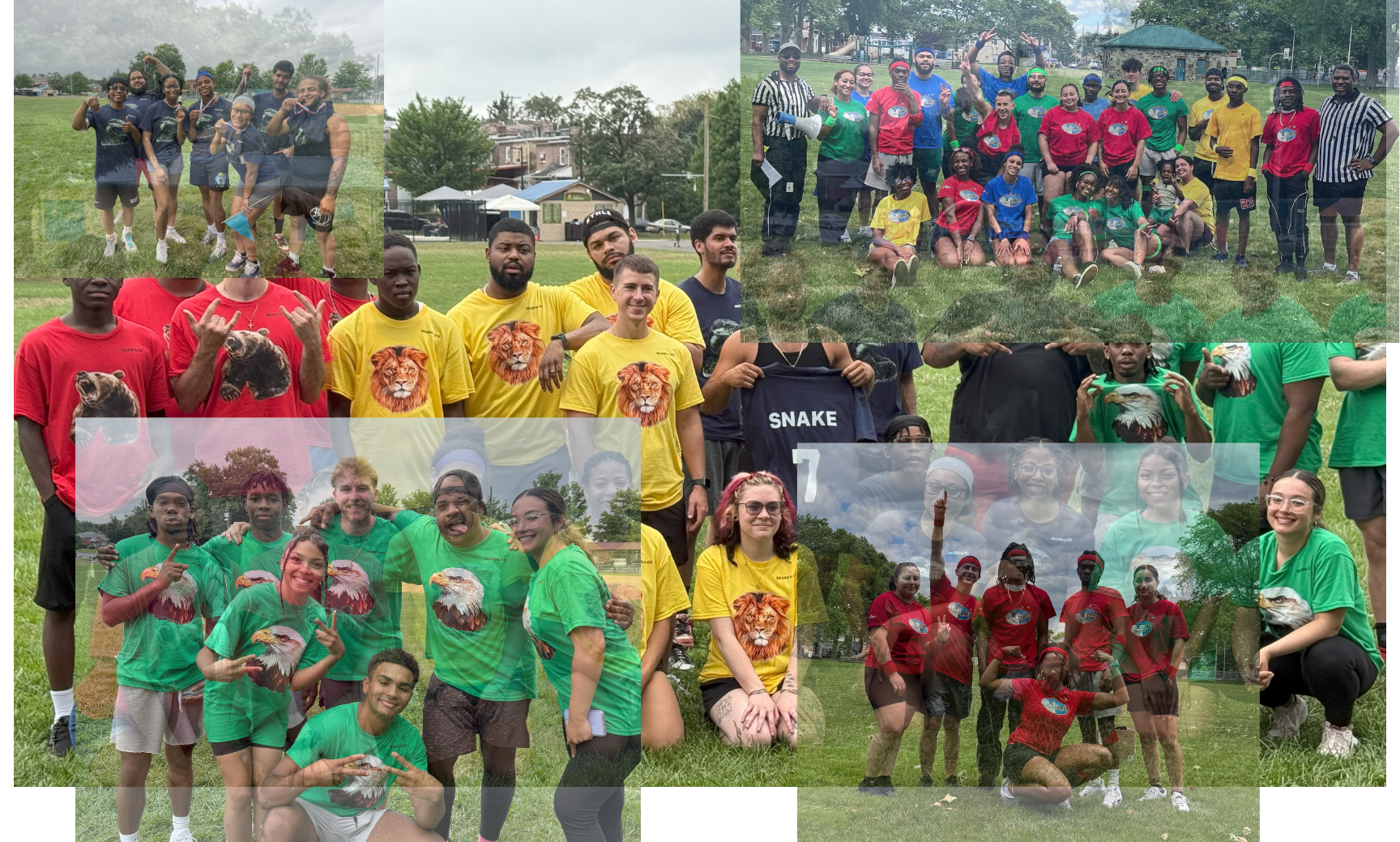 Group of diverse young people outdoors in various colorful t-shirts, some with animal print or graphic designs, posing for photos on a grassy field with trees and park structures in the background.