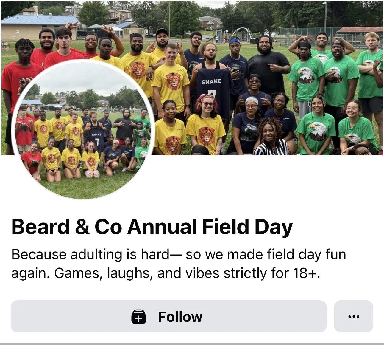 Group of people outdoors on a baseball field, wearing colorful shirts with animal logos, gathered for a team event called Beard & Co Annual Field Day, with text indicating it includes games, laughs, and vibes for 18+.