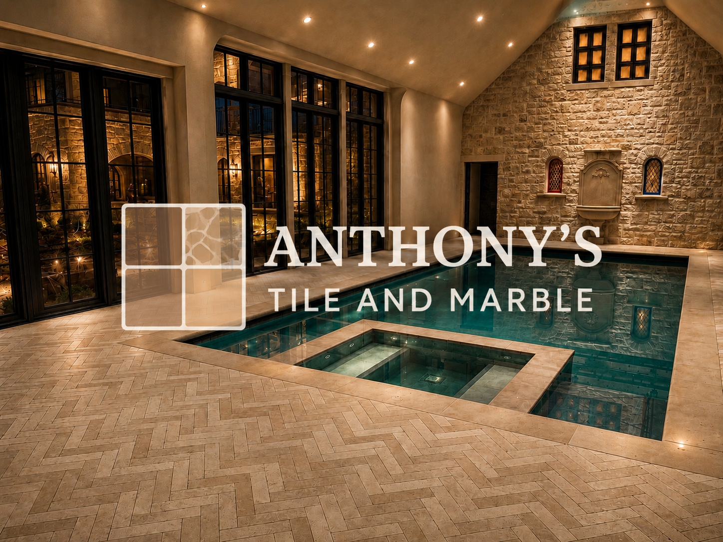 Indoor scene of a luxurious swimming pool with tile and marble accents, illuminated by warm overhead lights, with large windows showing a decorated interior space.