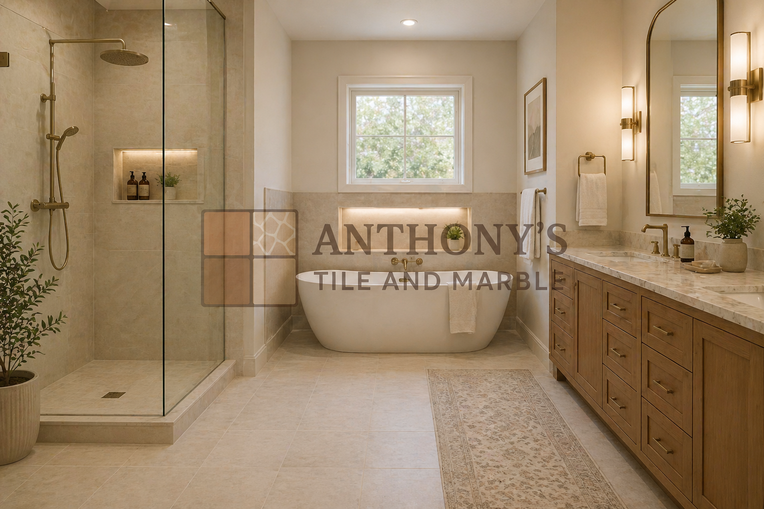 Modern bathroom with walk-in shower, freestanding tub beneath a window, and wooden vanity with marble countertop, accented by wall sconces and potted plants.
