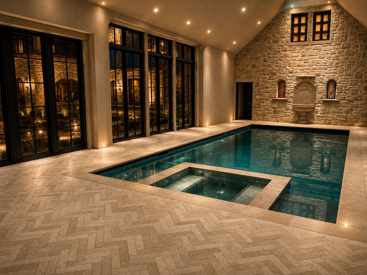 Indoor pool area with large glass windows, stone walls, elegant lighting, and a decorative fountain on the wall.