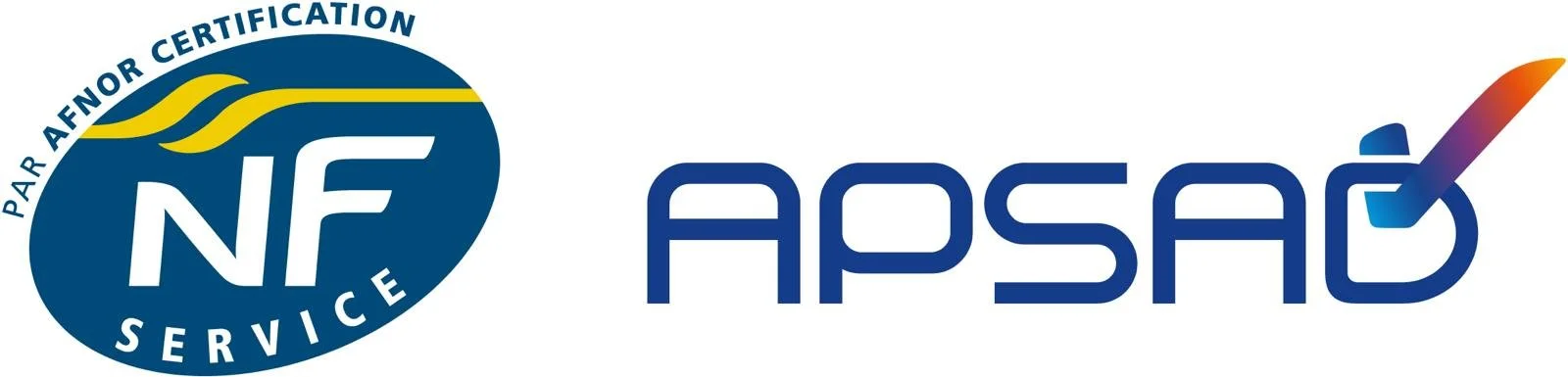 Logo de certification NF Service avec le texte 'Par AFNOR Certification, APSAD, agréé apsad, NF, fiable, validation, sécurité, ALVICONTROL