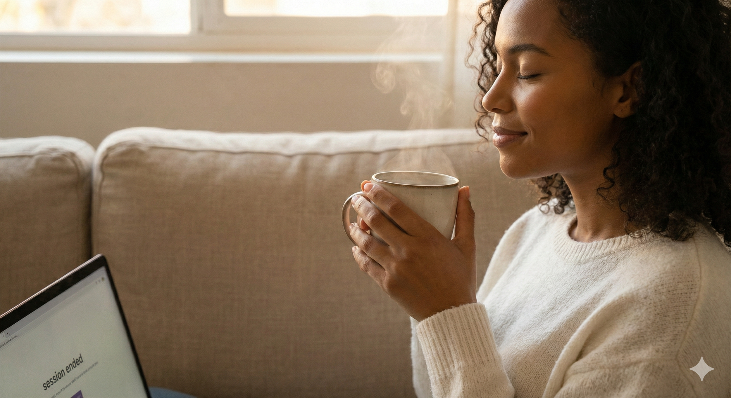 A woman with curly hair and a white sweater, sitting on a beige couch, holding a steaming mug close to her face with a serene smile, as she relaxes in front of a laptop with on-screen text.