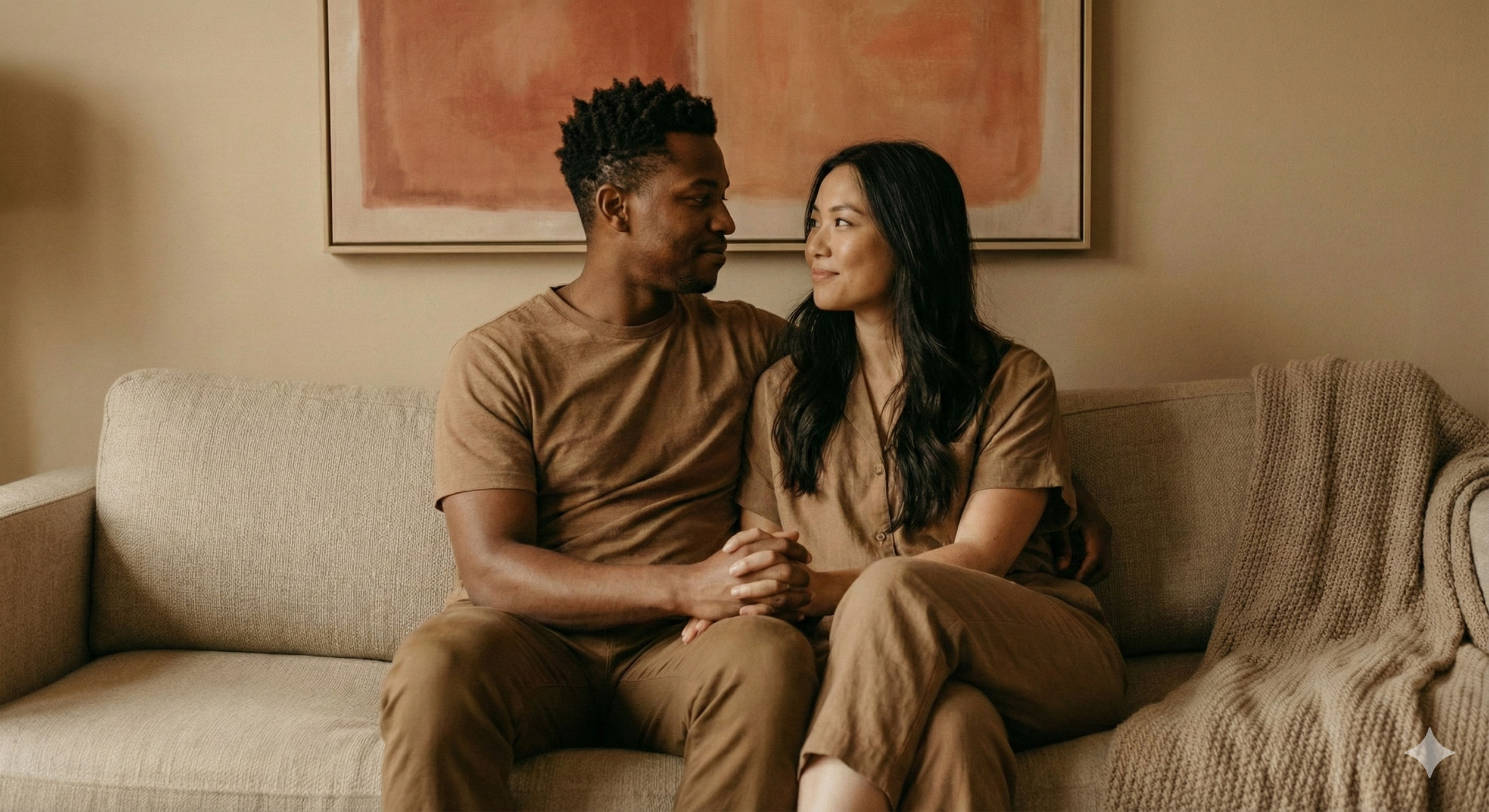 A couple sitting together on a beige sofa, holding hands and gazing into each other's eyes in a warmly lit living room.