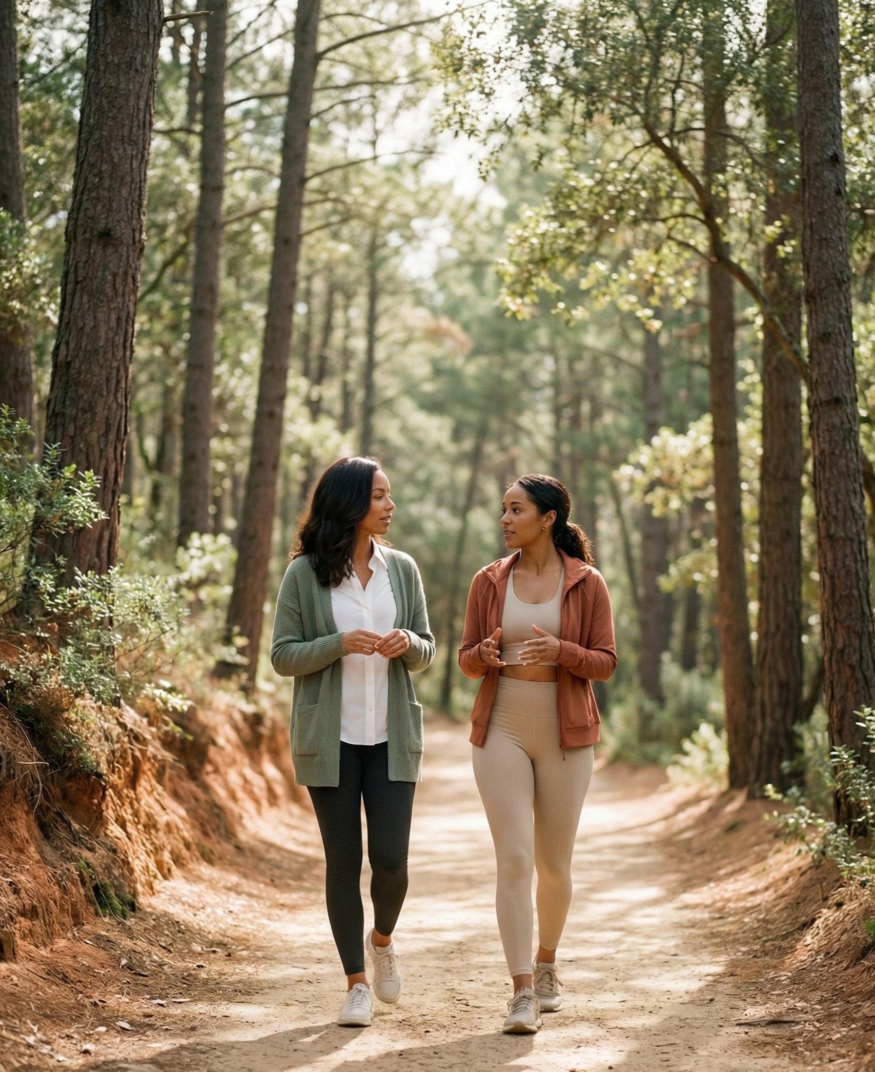 Two women walking and talking on a forest trail surrounded by tall trees and greenery.