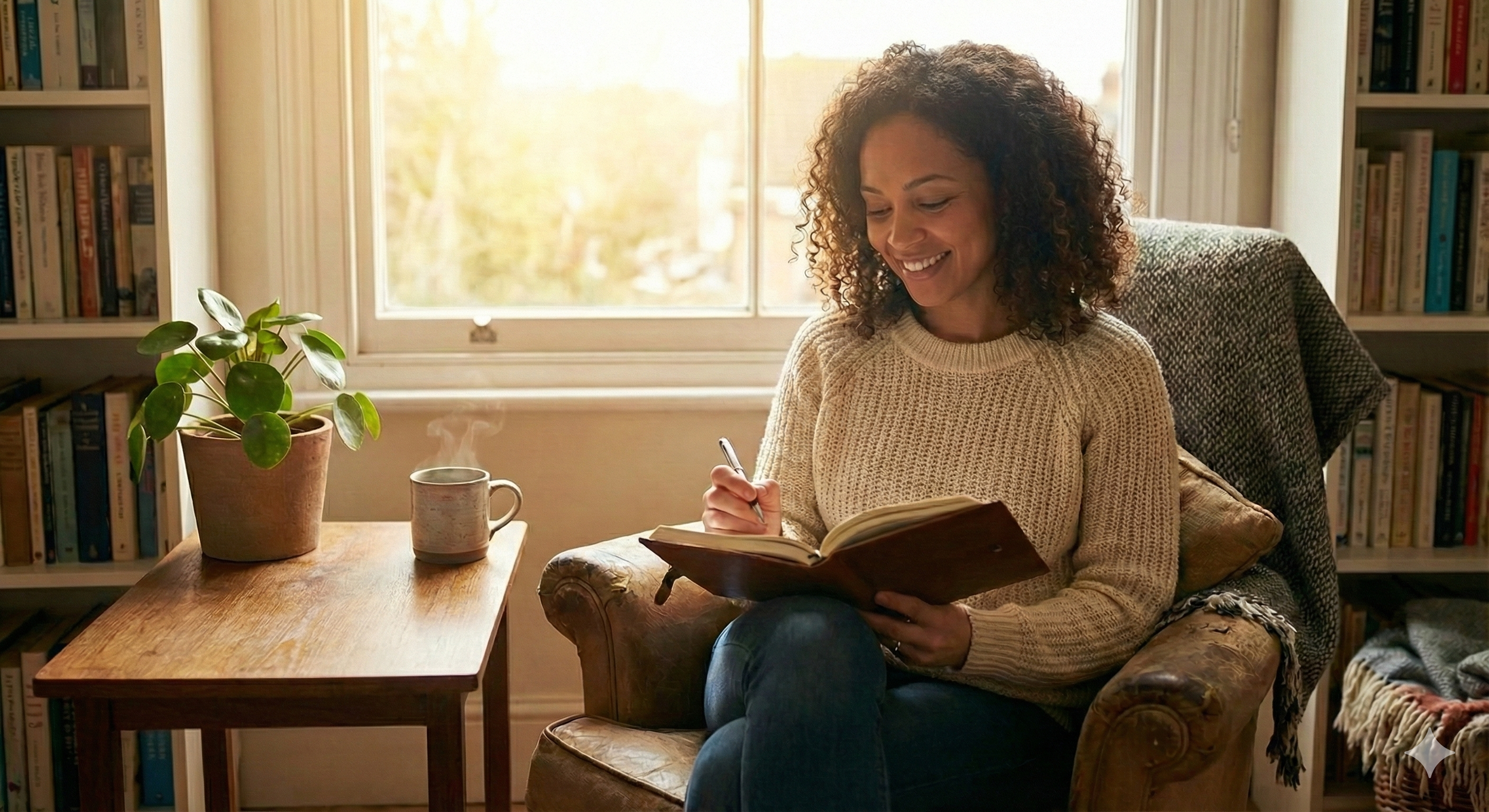 A woman sitting in a cozy chair by a window, reading a book and smiling, with a steaming mug and a potted plant on a small wooden table nearby.