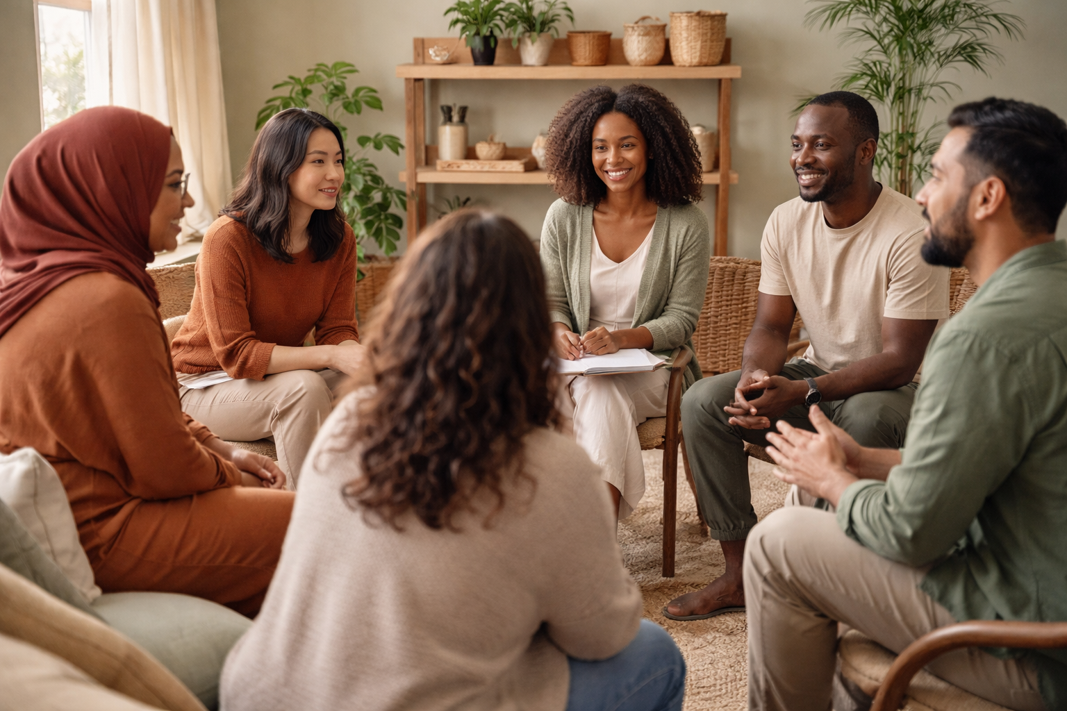 A group of people gathered in a cozy living room with large windows overlooking a lush garden, sitting on sofas and armchairs, enjoying drinks and conversation.