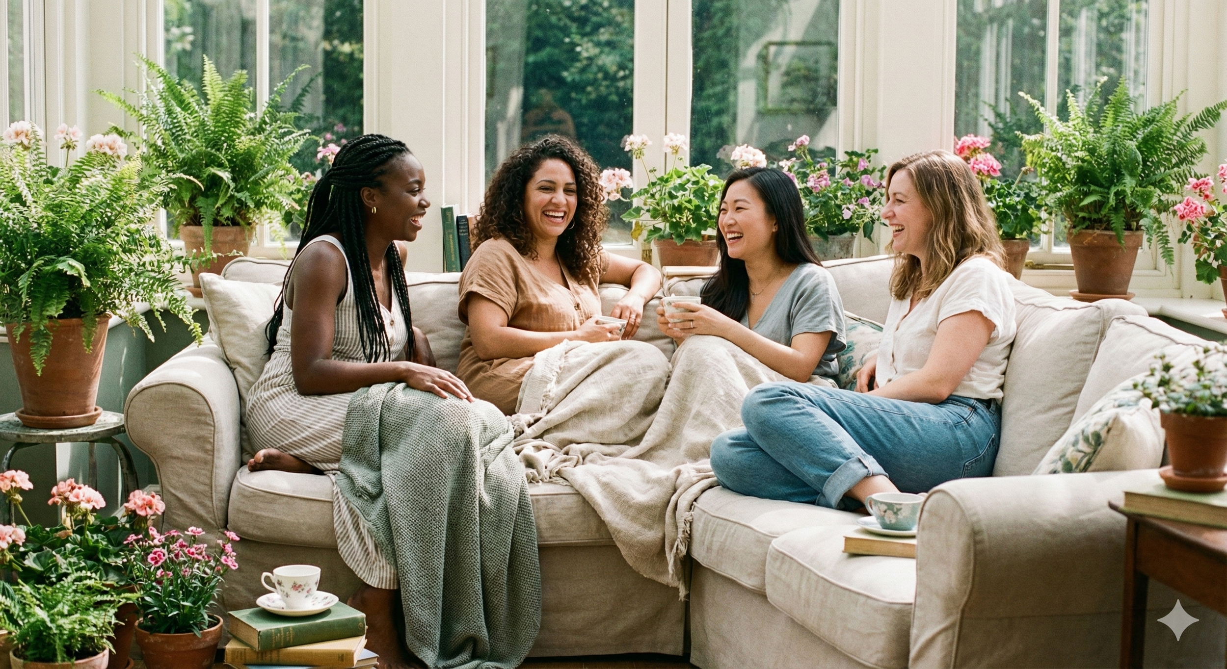 Five women sitting on a sofa in a sunlit living room, laughing and chatting, with potted plants and books around them.