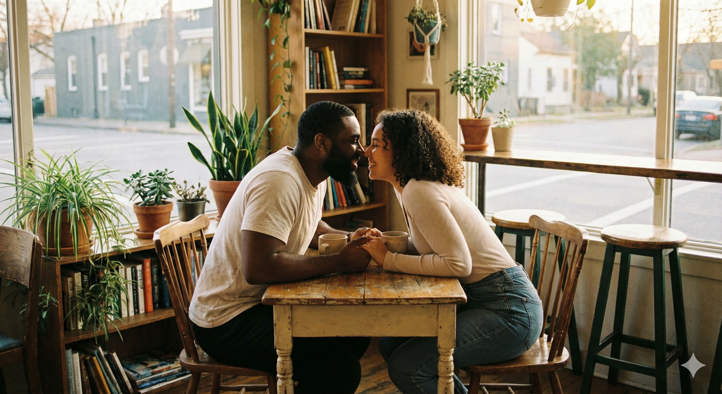 A couple sitting at a small wooden table in a cozy cafe, holding hands and leaning in close with noses touching, with sunlight streaming through large windows behind them.