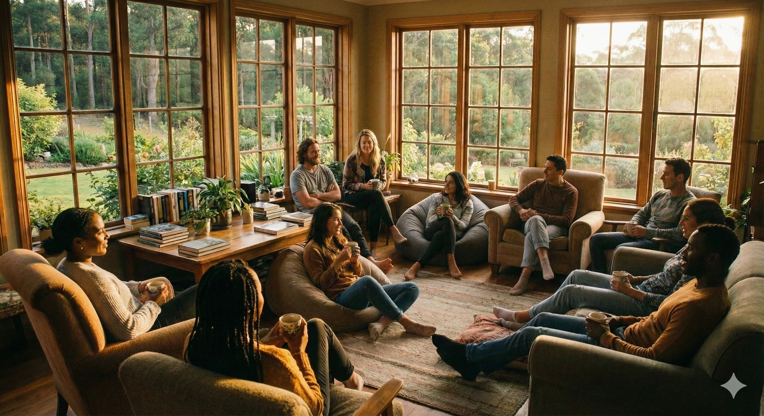 A group of people gathered in a cozy living room with large windows overlooking a lush garden, sitting on sofas and armchairs, enjoying drinks and conversation.