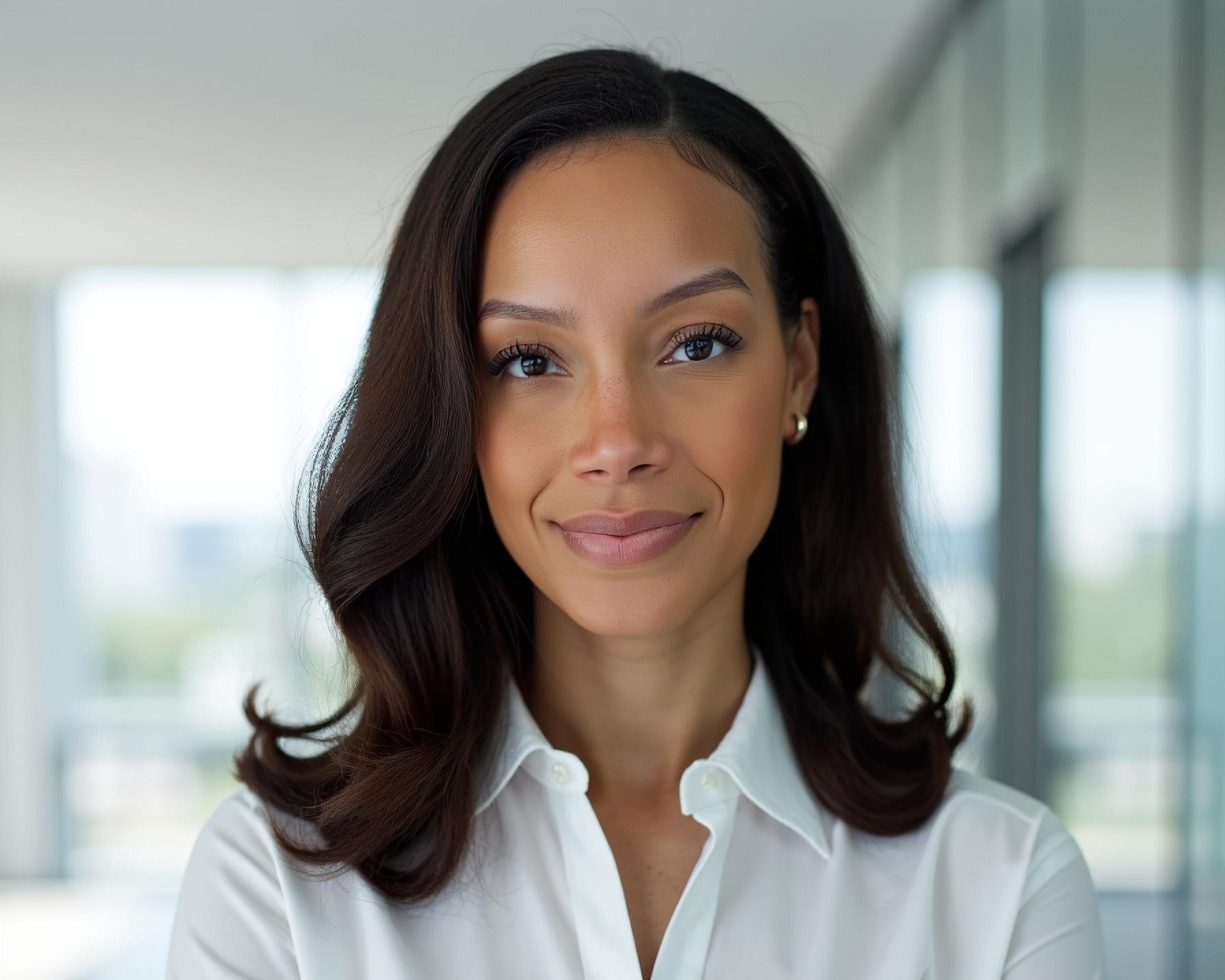 A woman with dark brown, wavy hair smiling at the camera wearing a white blouse.