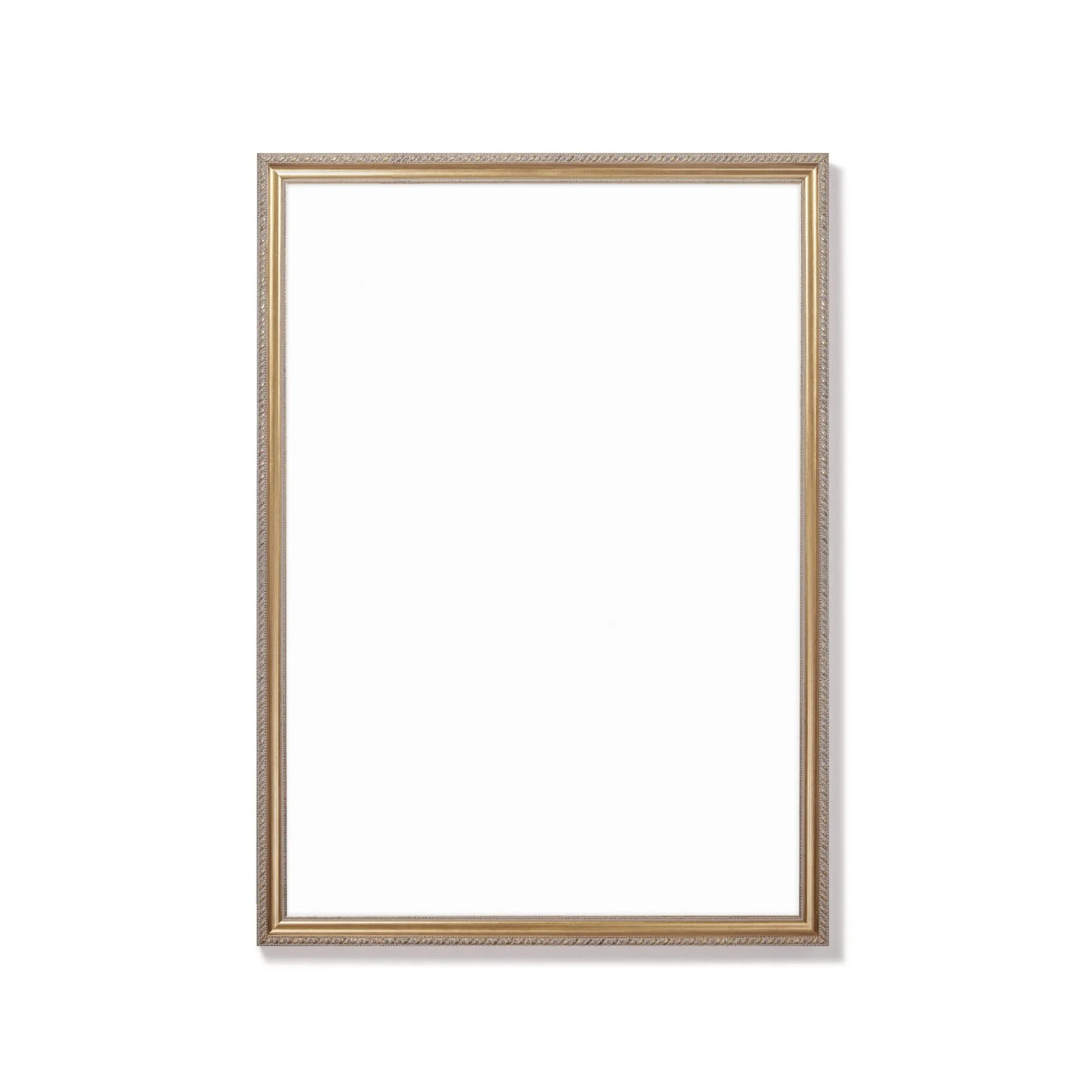 Empty picture frame with gold details on a white background.