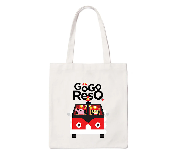 A durable, eco-friendly GOGO RESQ tote bag designed for young heroes. The image highlights its spacious interior, perfect for daily adventures and carrying the "hero spirit."