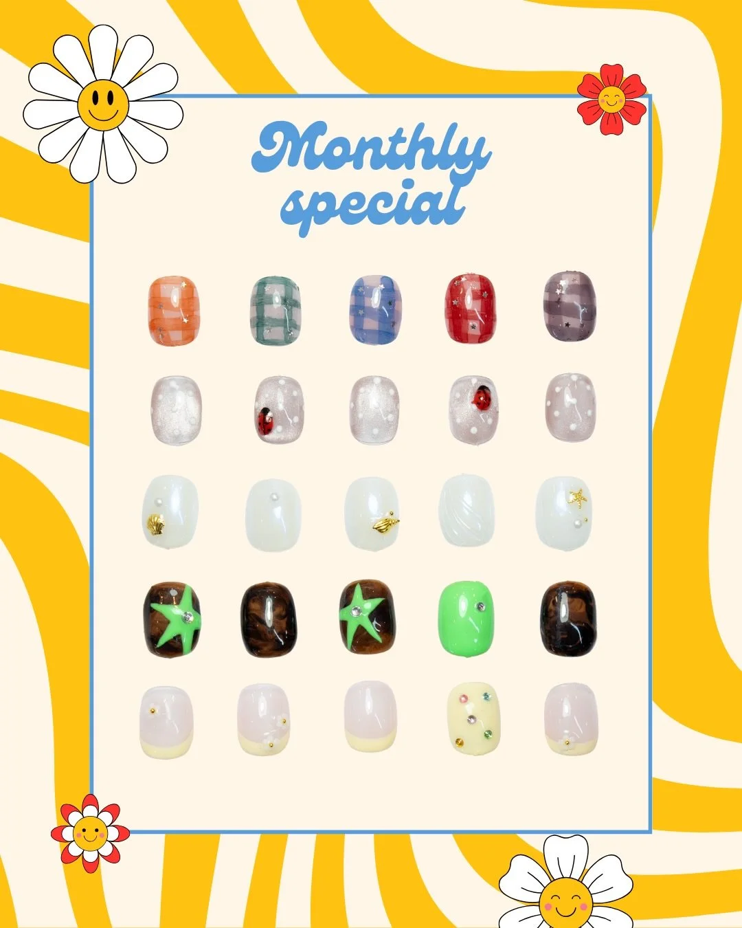 90$ Monthly Special !
(Classic gel manicure with your choice of our special design)

June Happy hour*
We&rsquo;re giving you 15% OFF all services all month long! Whether you need a fresh set or a relaxing mani-pedi, we&rsquo;ve got you covered.

* 🗓