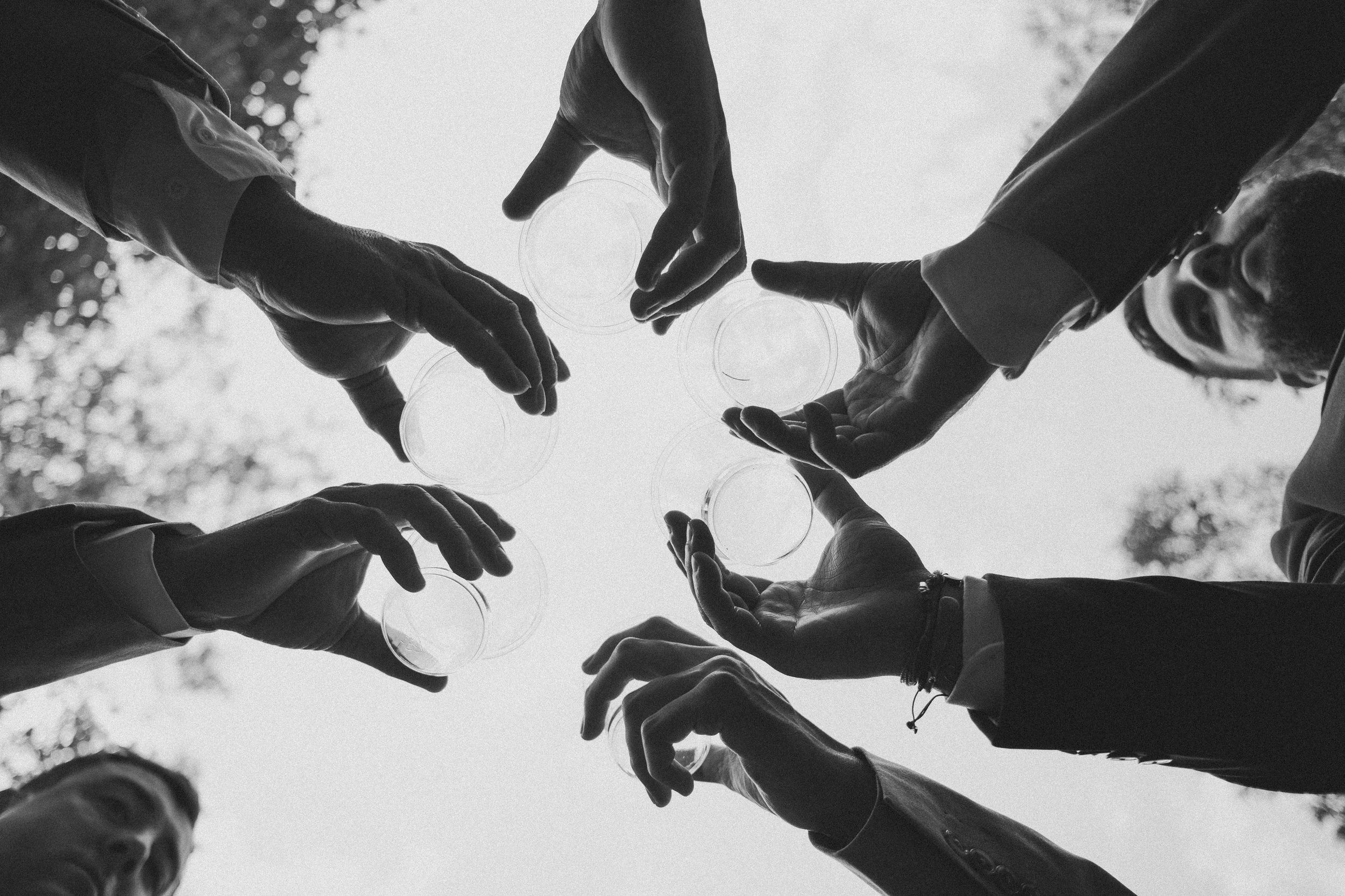 Several hands holding small empty cups or glasses, reaching upward against a bright sky, taken from below.