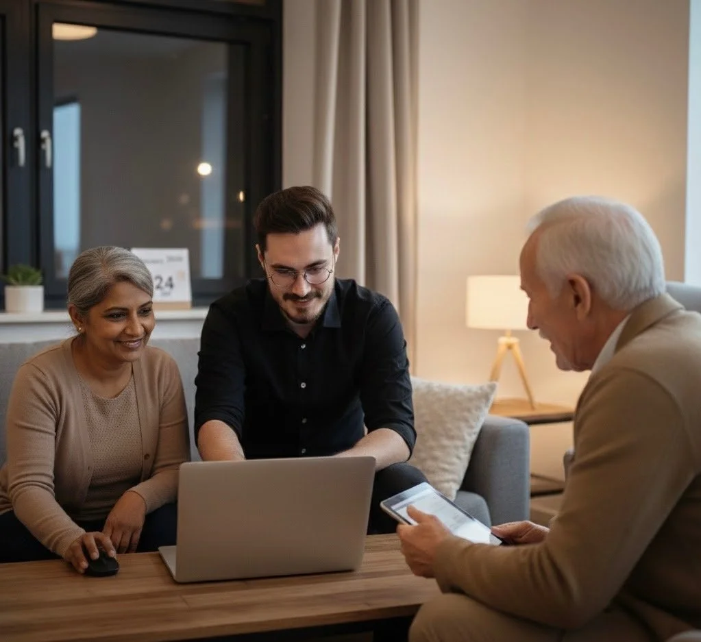 Three people sitting together on a couch, looking at a laptop and a smartphone, in a cozy living room with a window and lamp.