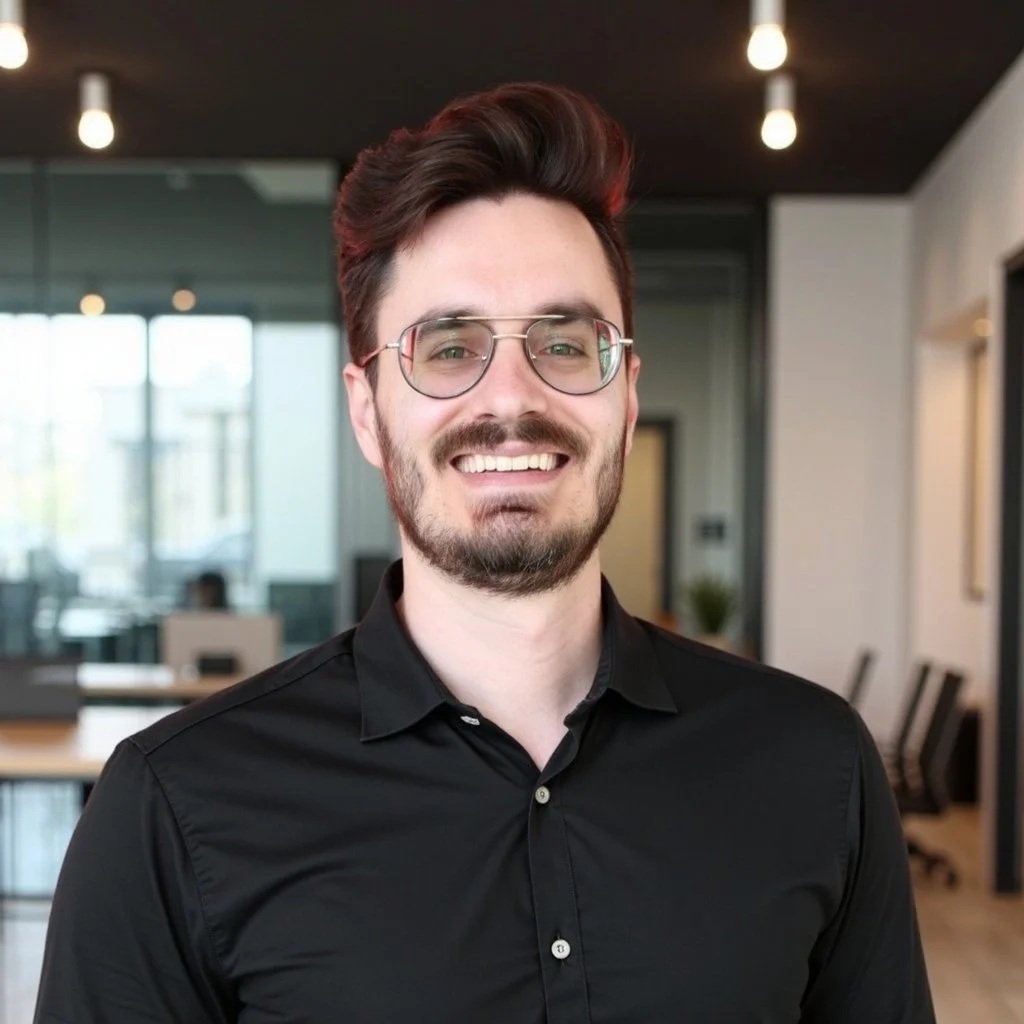 A young man with brown hair, glasses, and a beard, smiling, wearing a black dress shirt, standing in an office with large windows and modern decor.