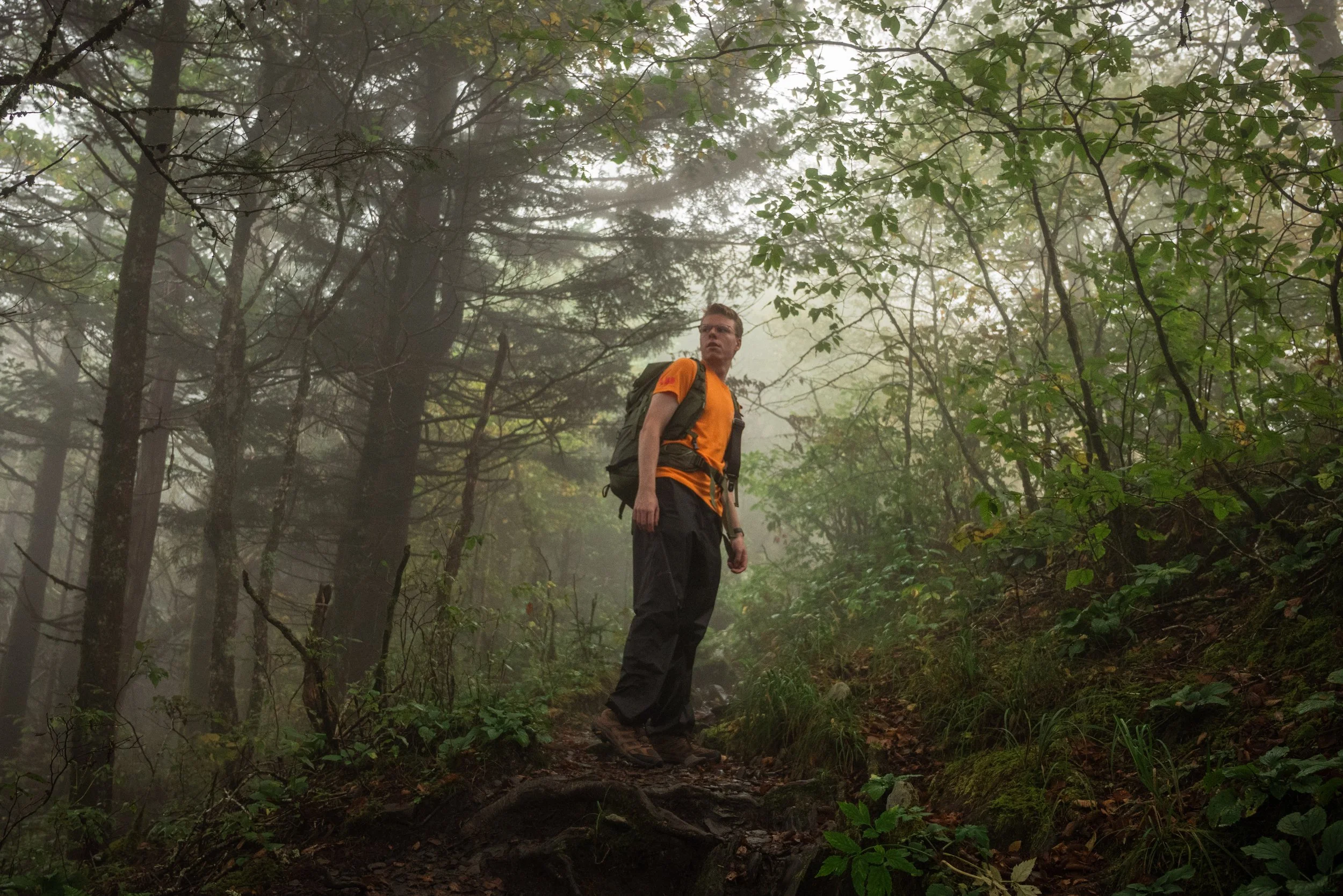 A man with a backpack hiking through a foggy forest on a dirt trail surrounded by green trees.