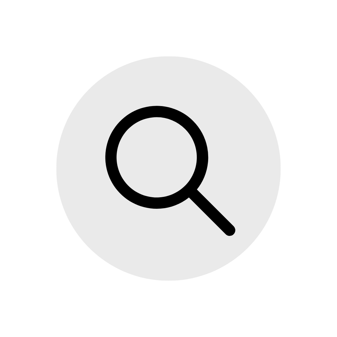 Magnifying glass icon inside a gray circle on a black background.