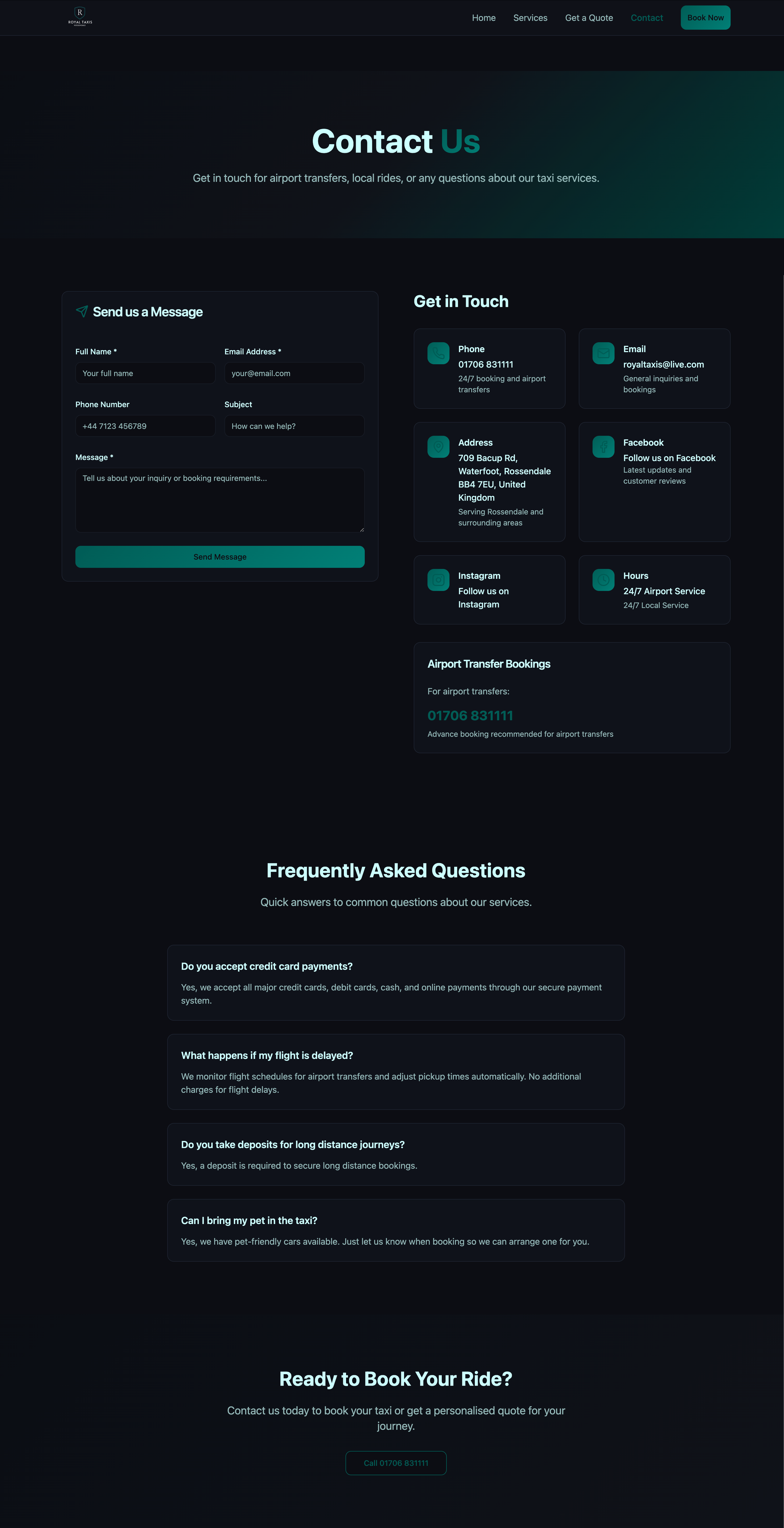 A dark-themed webpage for a taxi service showing contact information, a message form, frequently asked questions, and booking details. Includes sections for phone, email, address, social media, and booking phone number.