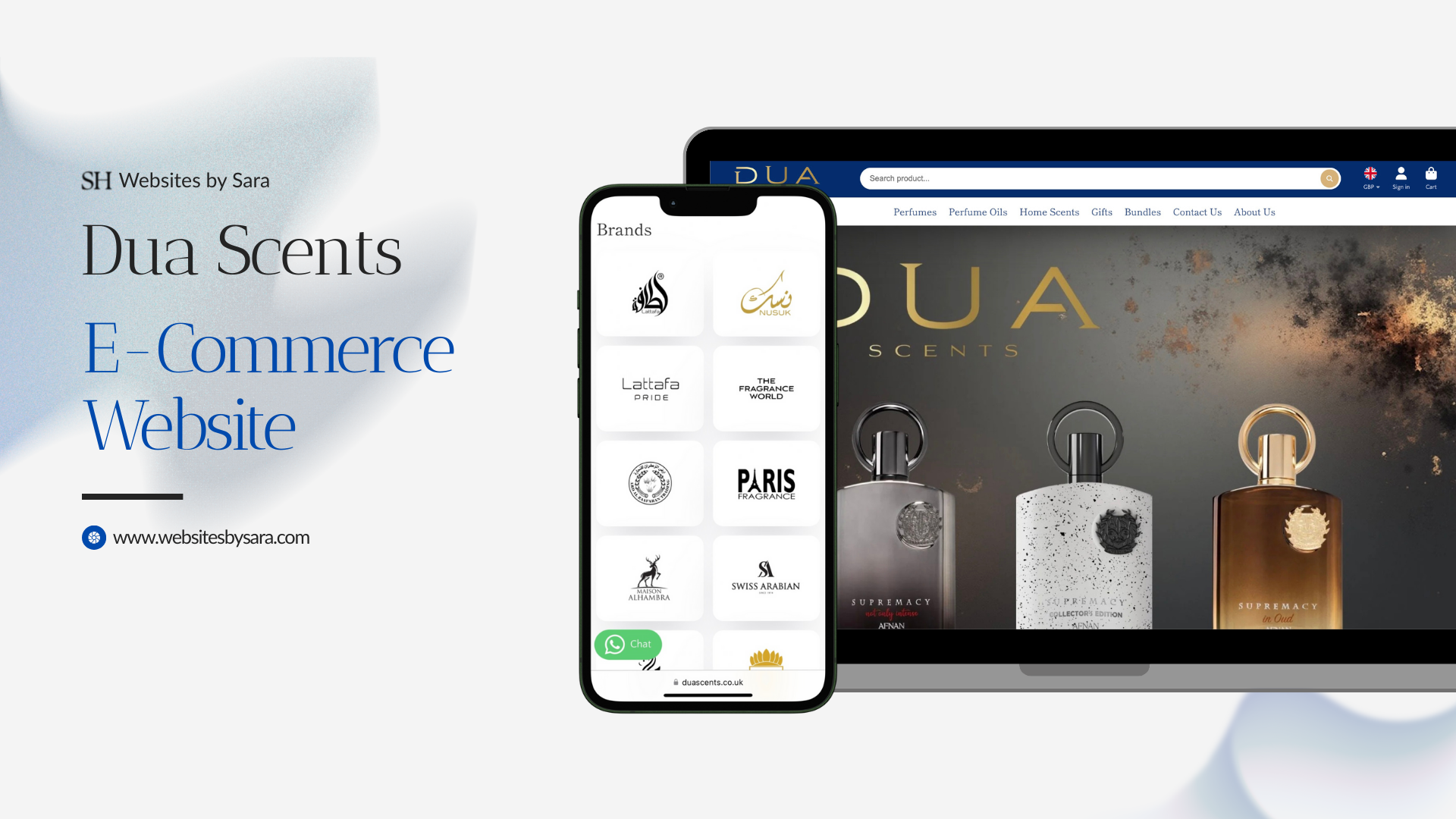 A digital graphic showing a website on a laptop and a mobile phone for Dua Scents, an e-commerce perfume store, with perfume bottles on the website and a list of fragrance brands on the mobile screen.