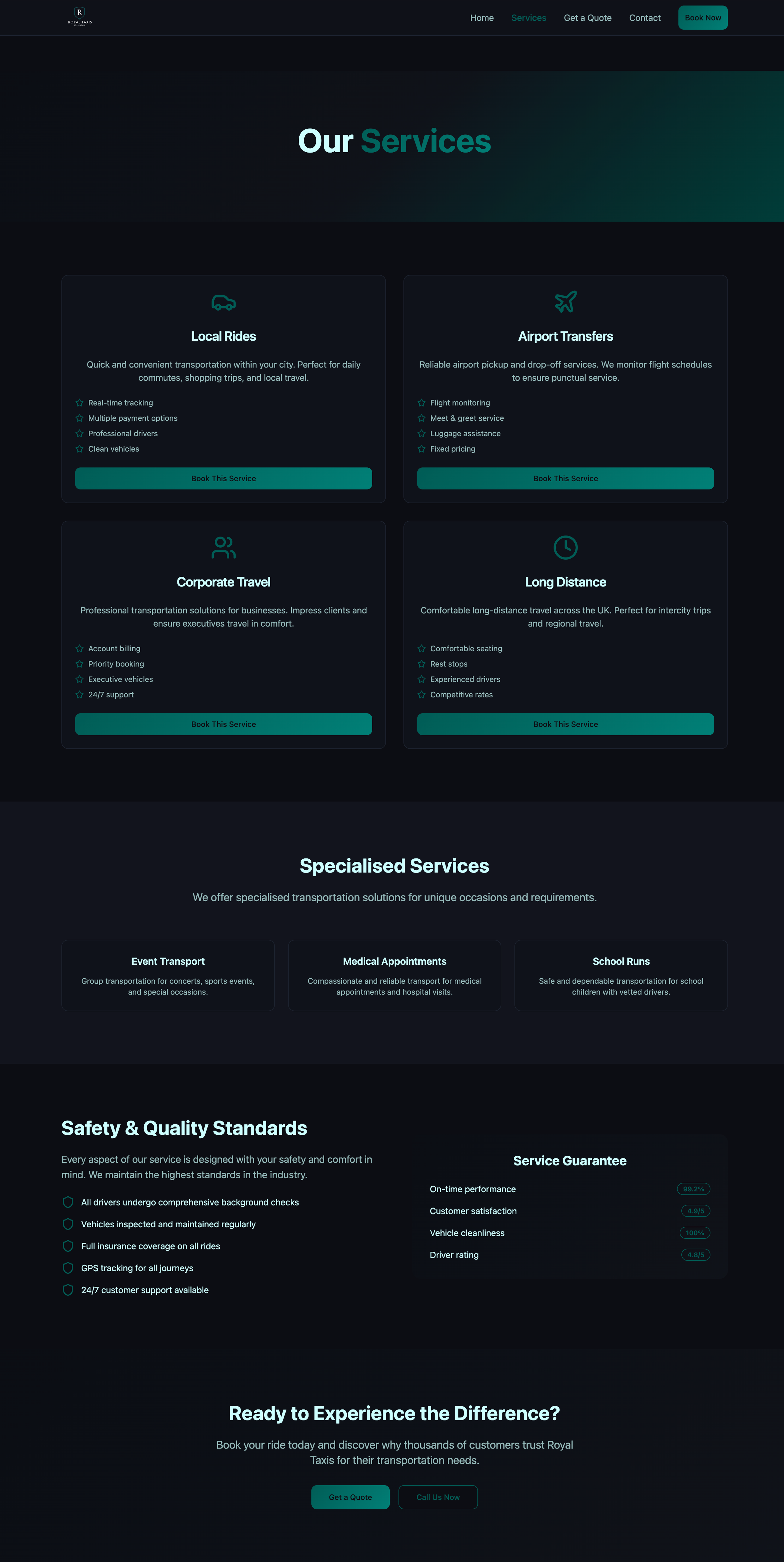 A webpage for a transportation service company featuring sections for various services such as Local Rides, Airport Transfers, Corporate Travel, and Long Distance. It also highlights specialized services like Event Transport, Medical Appointments, and School Runs, along with safety standards, service guarantees, and a call-to-action to get a quote or call.