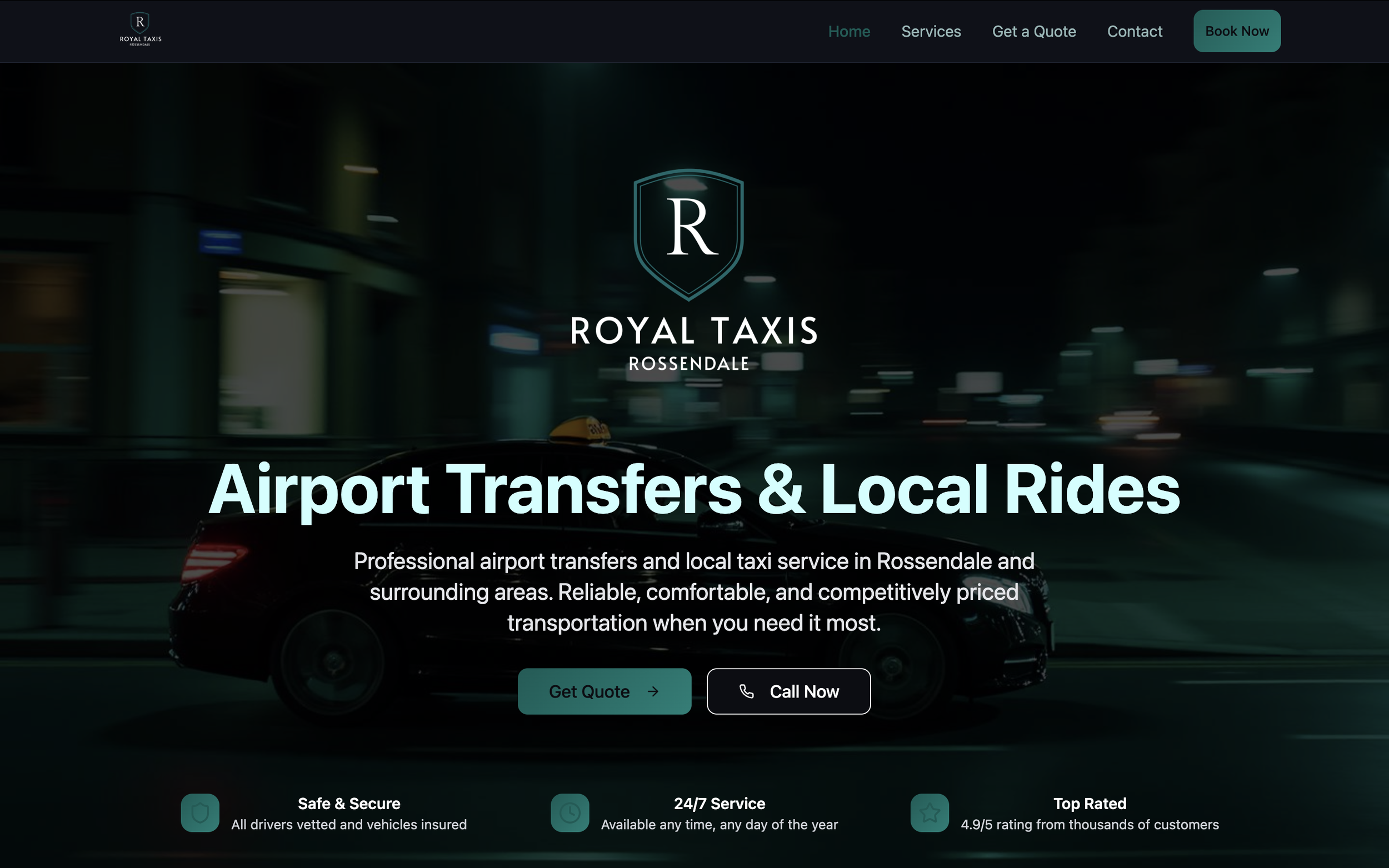 Homepage of Royal Taxis Rossendale website with a nighttime city background, a car, and text offering airport transfers and local rides with options to get a quote or call now