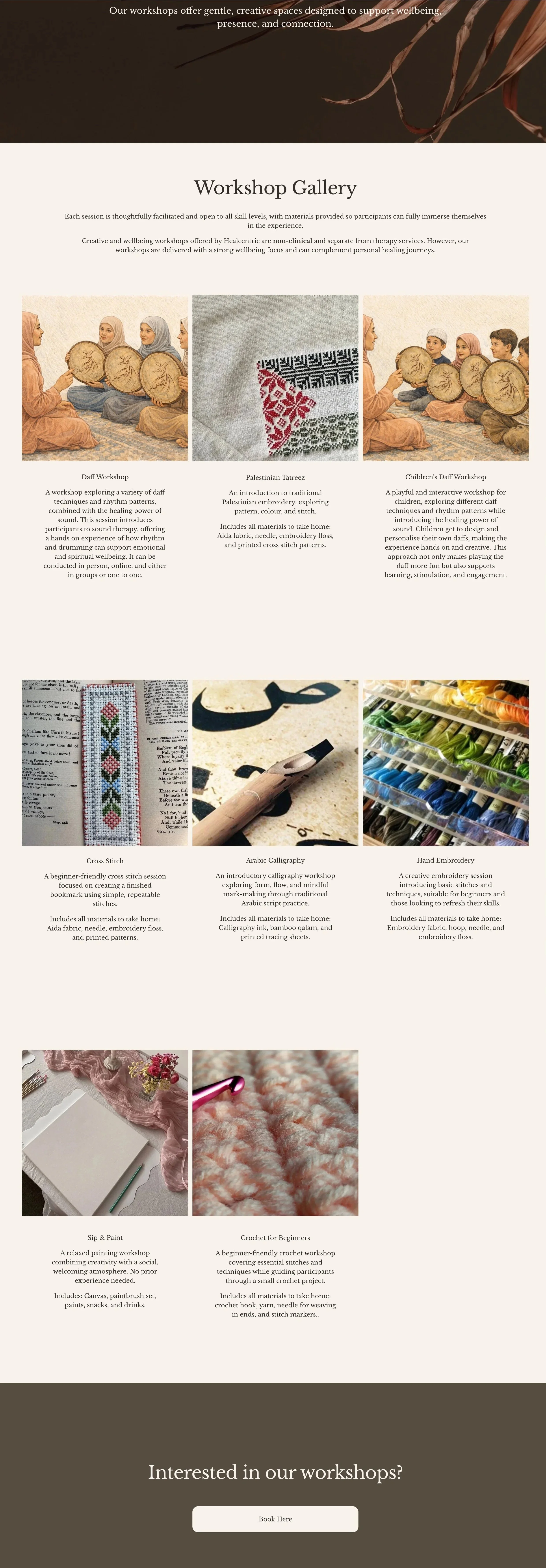 A website page for workshop gallery featuring images and descriptions of various craft workshops, including Dalf Workshop, Palestinian Tarucca, Children's Dalf Workshop, Cross Stitch, Arabic Calligraphy, Hand Embroidery, Sip & Paint, and Crochet for Beginners, with a call-to-action button labeled "Book Here".