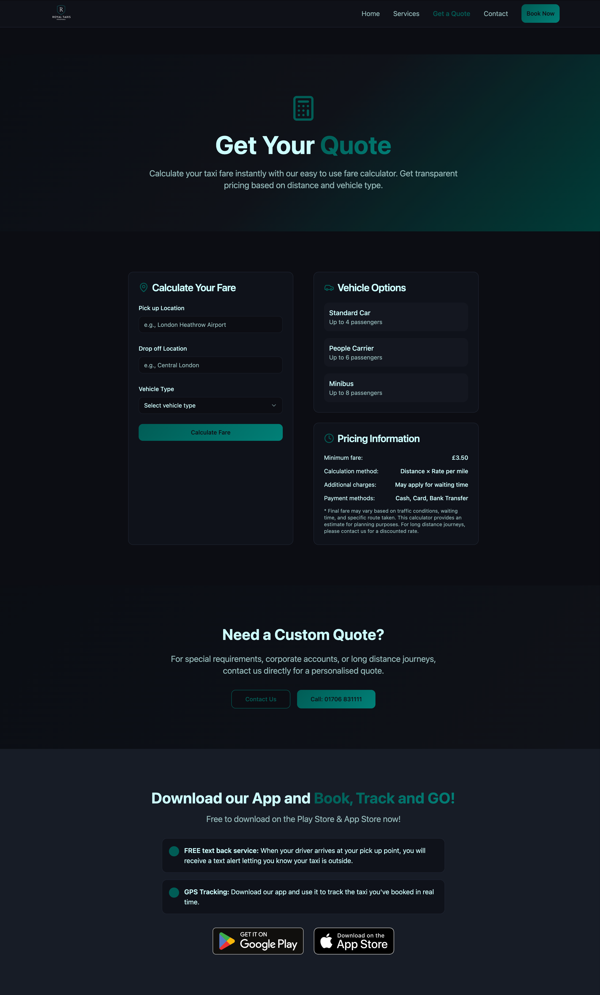 Webpage for a taxi fare calculator with sections for calculating fare, vehicle options, pricing, custom quotes, and app download. Contains navigation menu with Home, Services, Get a Quote, Contact, and Book Now buttons.