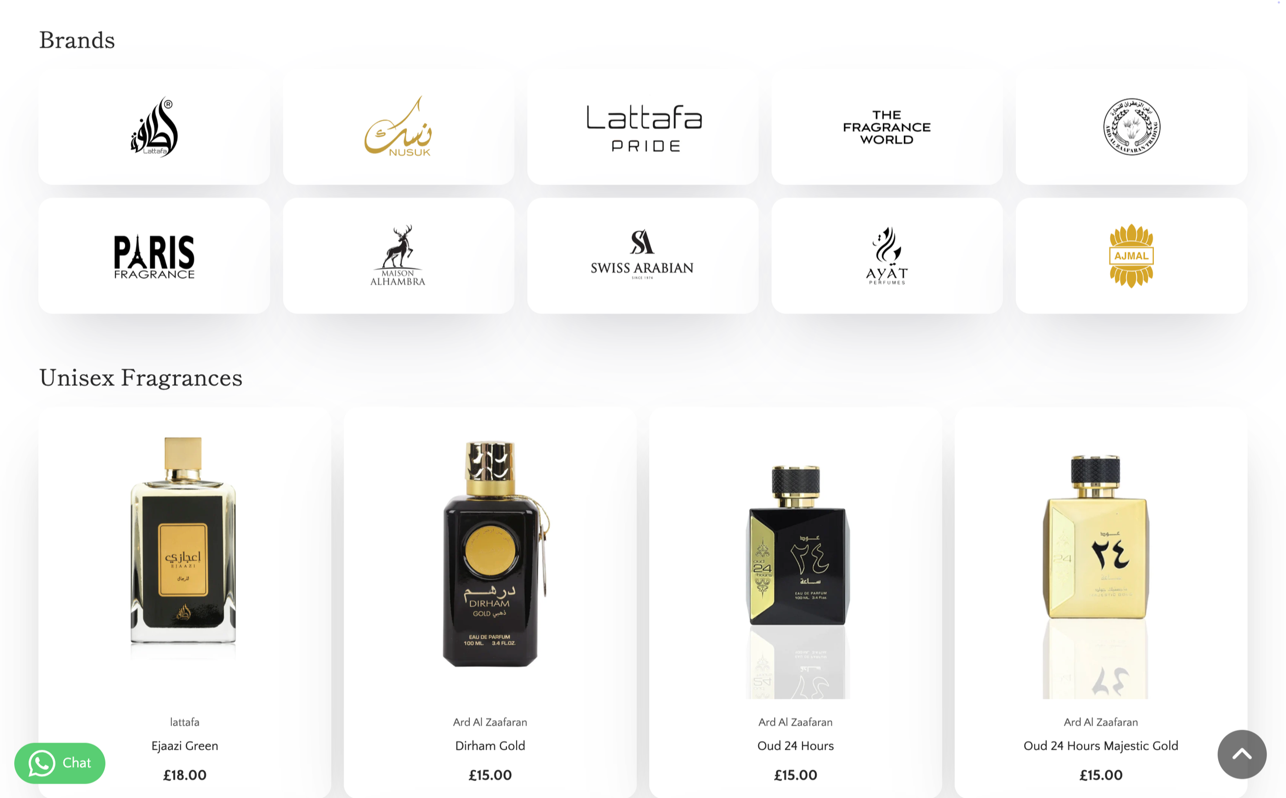 A website page with brand logos at the top and a section of unisex fragrances below. The fragrances include Ejaazi Green, Dirham Gold, Oud 24 Hours, and Oud 24 Hours Majestic Gold. Each fragrance is displayed with a bottle image, name, and price.
