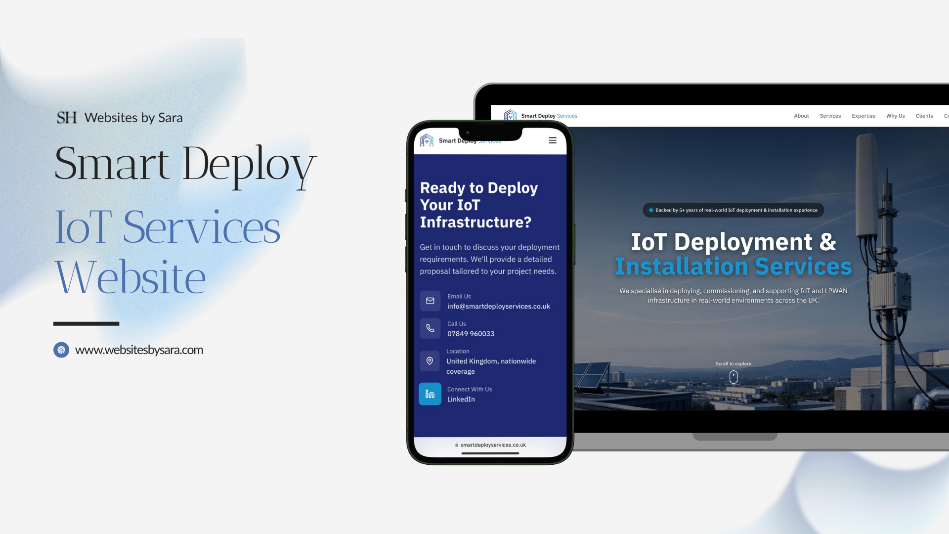 A digital advertisement for a website design service featuring a laptop and a smartphone screens. The messaging includes 'Smart Deploy IoT Services Website' and showcases an example of a responsive website for IoT deployment and installation services with contact info, emphasizing deployment expertise.