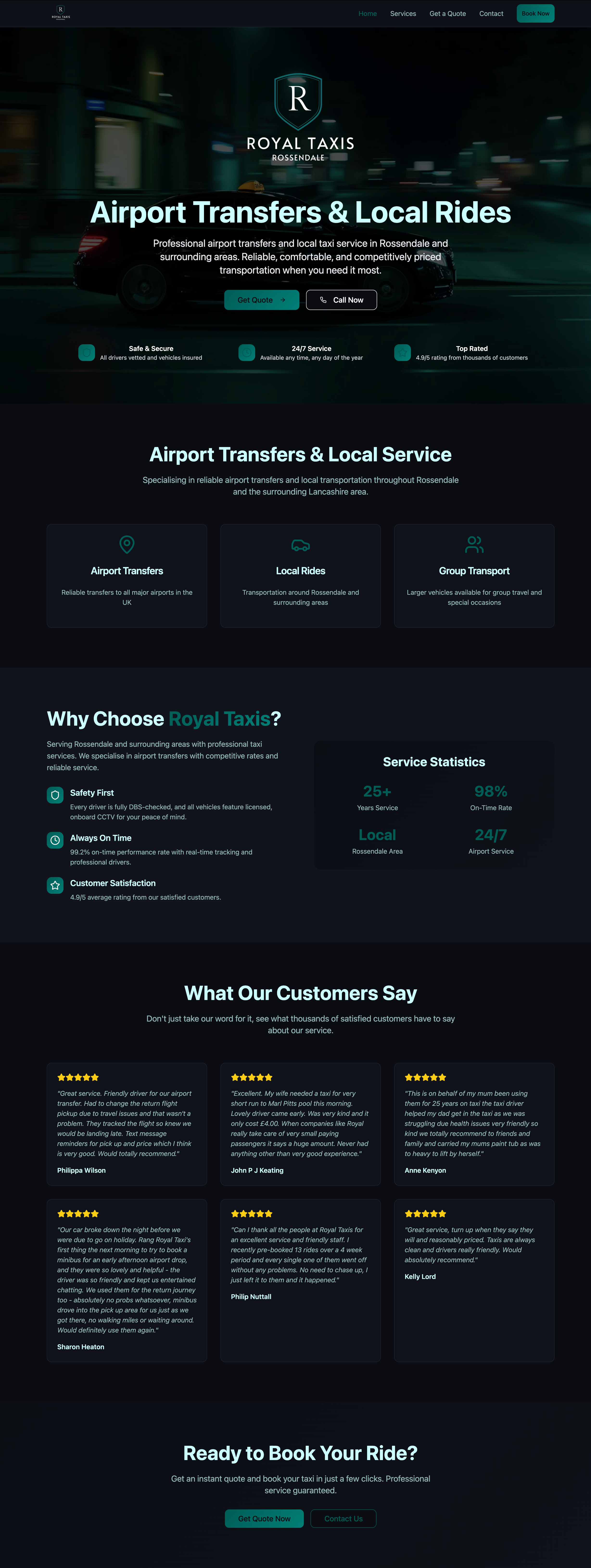 Royal Taxis Rossendale homepage featuring airport transfers, local rides, and group transport services with booking options, customer reviews, and service statistics.