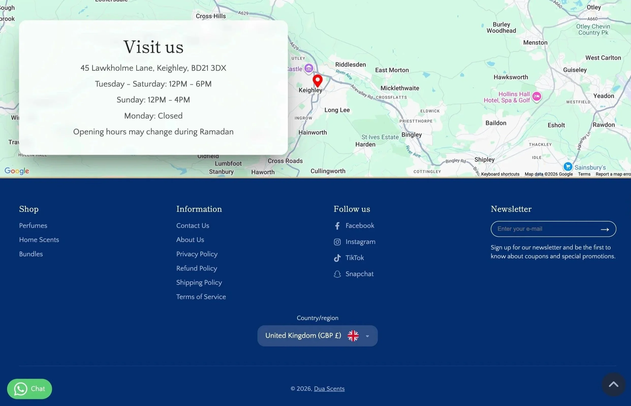 Screenshot of a website's contact information overlay on a map, showing store hours for a location in Keeghley, with the bottom of the site displaying social media links, a newsletter sign-up, and company policies.