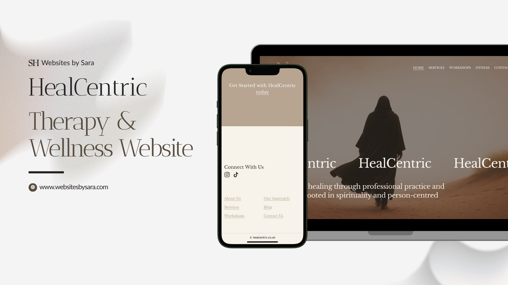 A webpage and a smartphone displaying HealCentric therapy and wellness website with a woman walking in sand dunes, and contact information including website links.