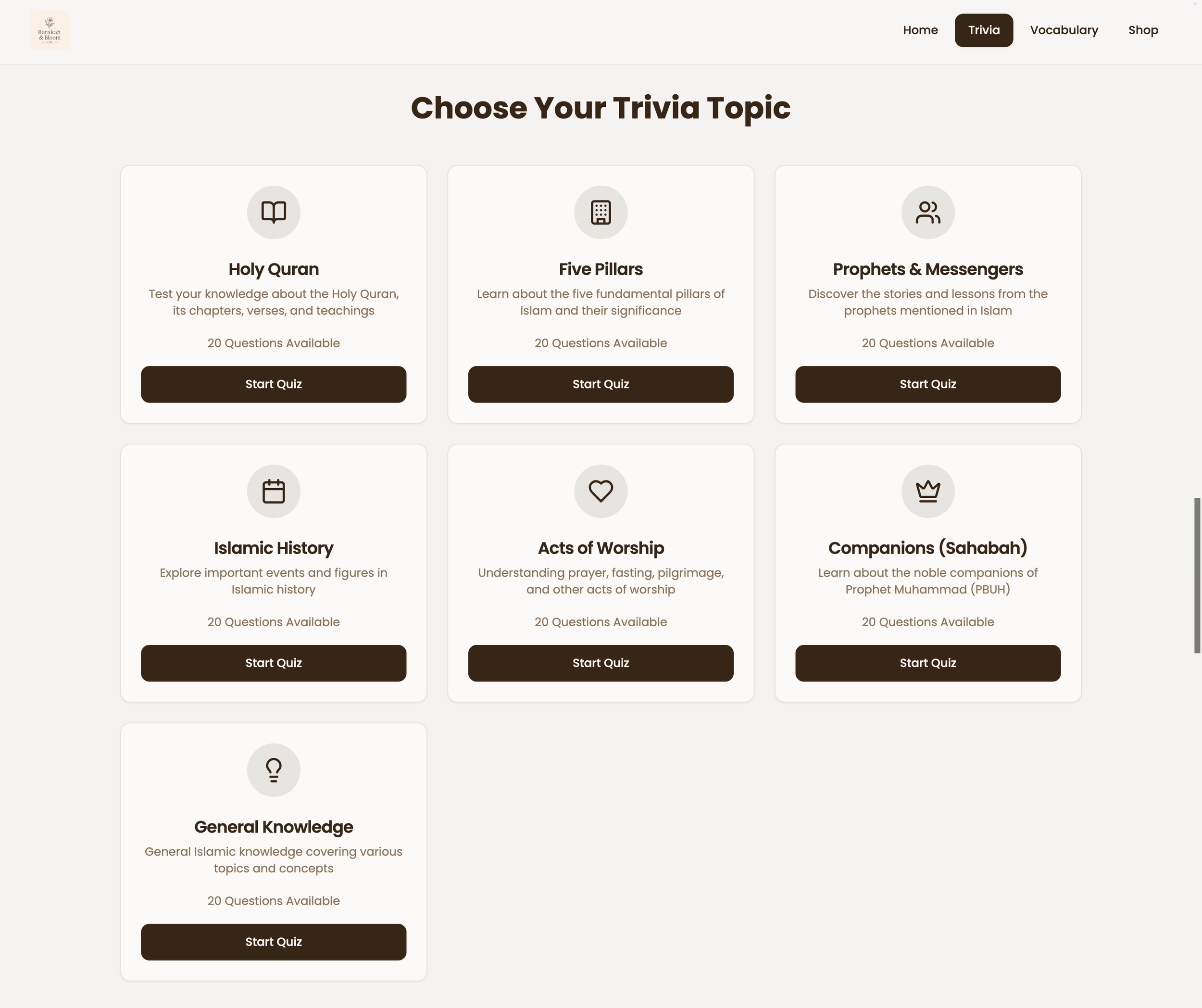 Screenshot of a quiz website's trivia section with options like Holy Quran, Five Pillars, Prophets & Messengers, Islamic History, Acts of Worship, Companions (Sahabah), and General Knowledge, each with a start quiz button.