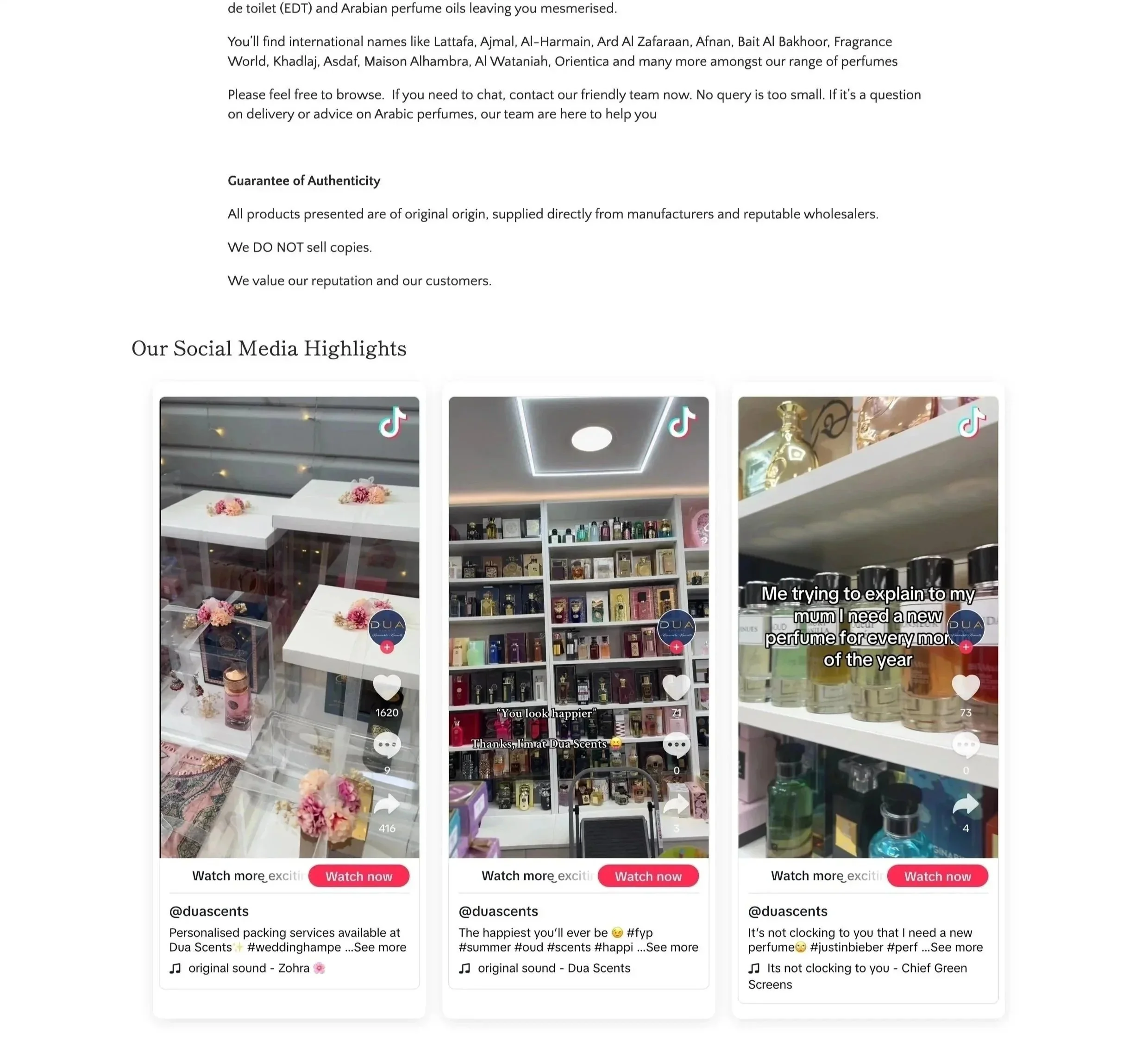 Screenshots of three TikTok videos showcasing different sections of a perfume store with shelves filled with bottles and decor. The first shows a display with small bouquets and perfume bottles, the second displays a wall with organized shelves of perfume boxes, the third features shelves of perfume bottles with overlayed captions about perfume needs.