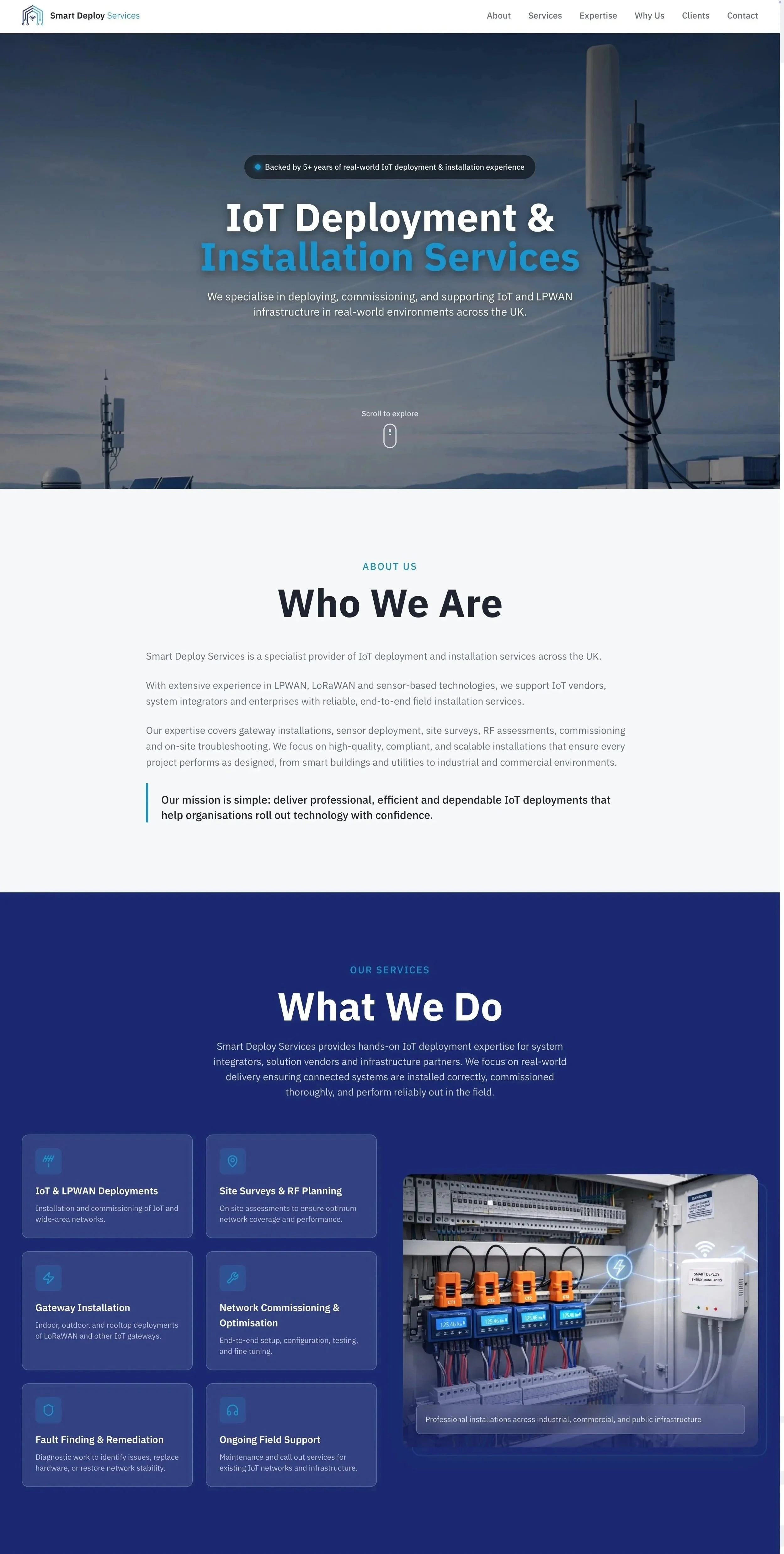 A webpage showcasing Smart Deploy Services, a company specializing in IoT deployment and installation services. The page features a large header image with communication towers and antennas, with text overlay emphasizing IoT deployment expertise. Below are sections detailing the company's services, mission, and supporting infrastructure, including an image of electrical and network equipment inside a control panel.