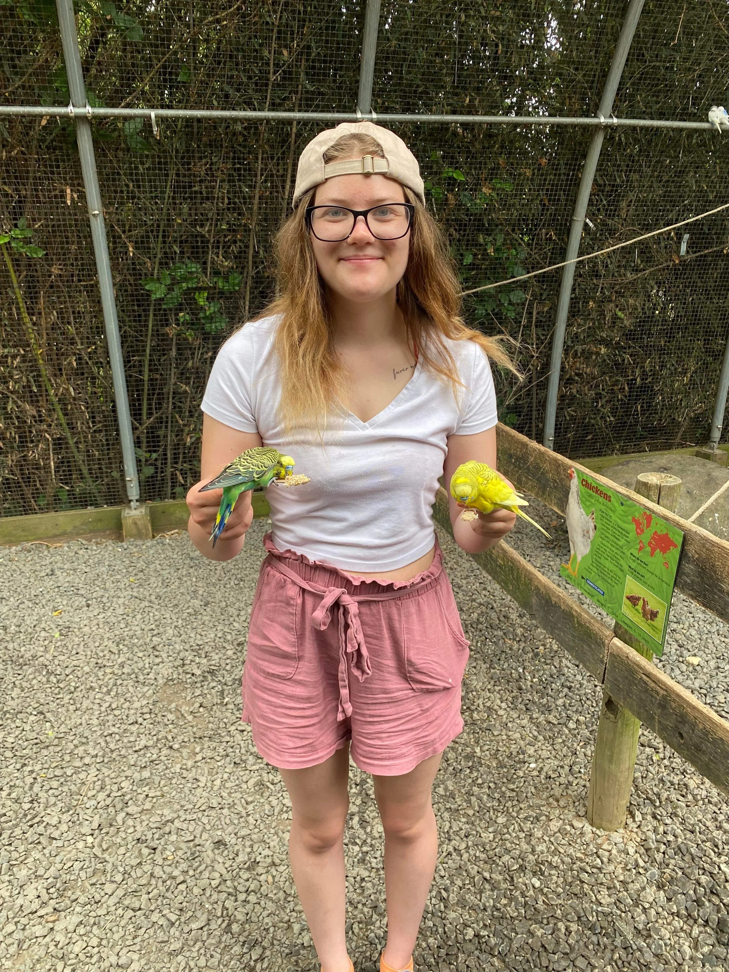 a woman in a hat and glasses, wearing a white shirt and pink shorts, standing outside holding a green and yellow bird in each hand