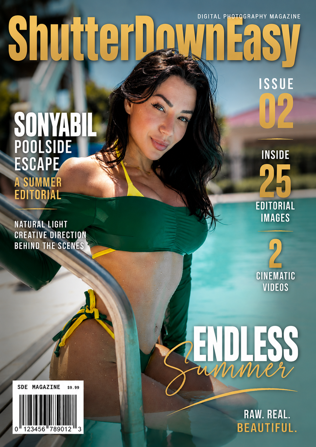 Magazine cover featuring Sonyabil during a poolside swimwear photoshoot for ShutterDownEasy Magazine.