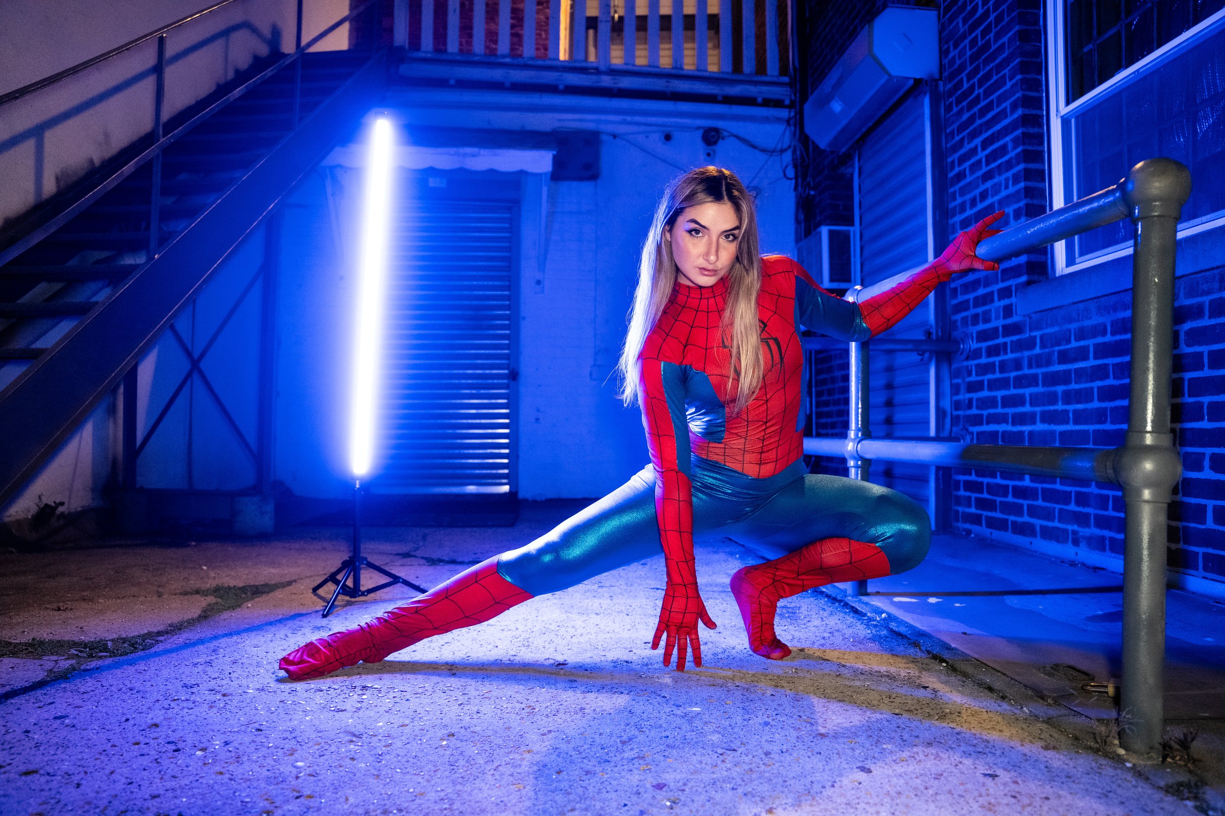 ShutterDownEasy Magazine Issue 18 Halloween cover featuring Lindsay dressed as Spider-Girl during a nighttime photoshoot in Patchogue, Long Island.