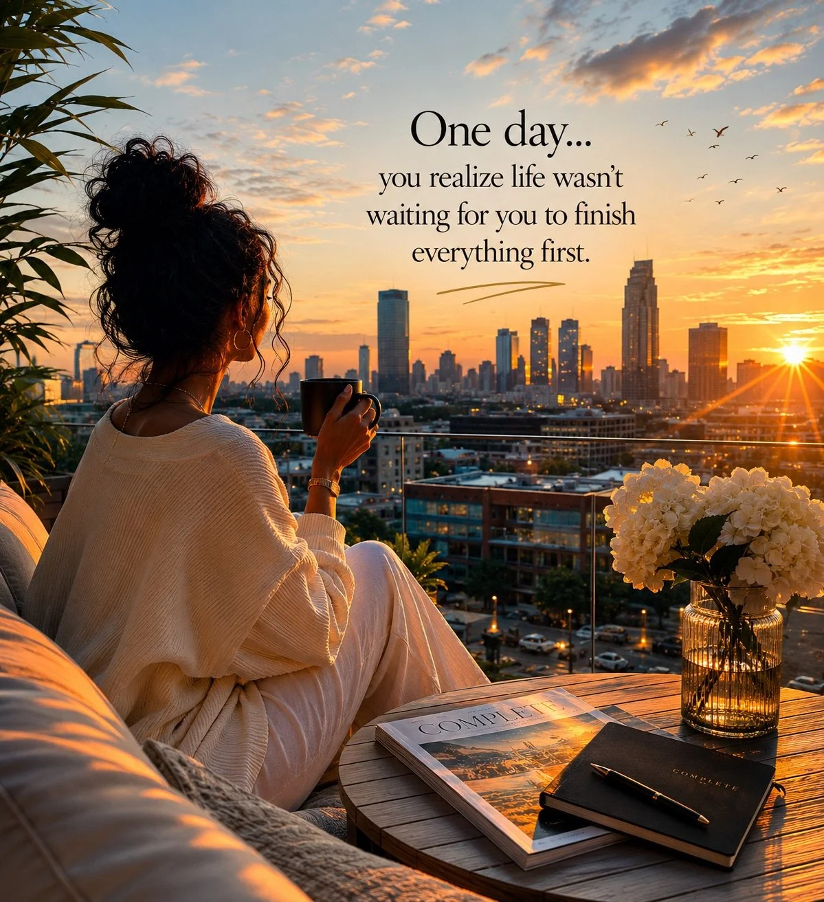 A woman sitting on a rooftop patio, holding a mug, overlooking a city skyline at sunset with skyscrapers and a river. There are flowers in a vase on the table next to her, along with a magazine and a notebook.