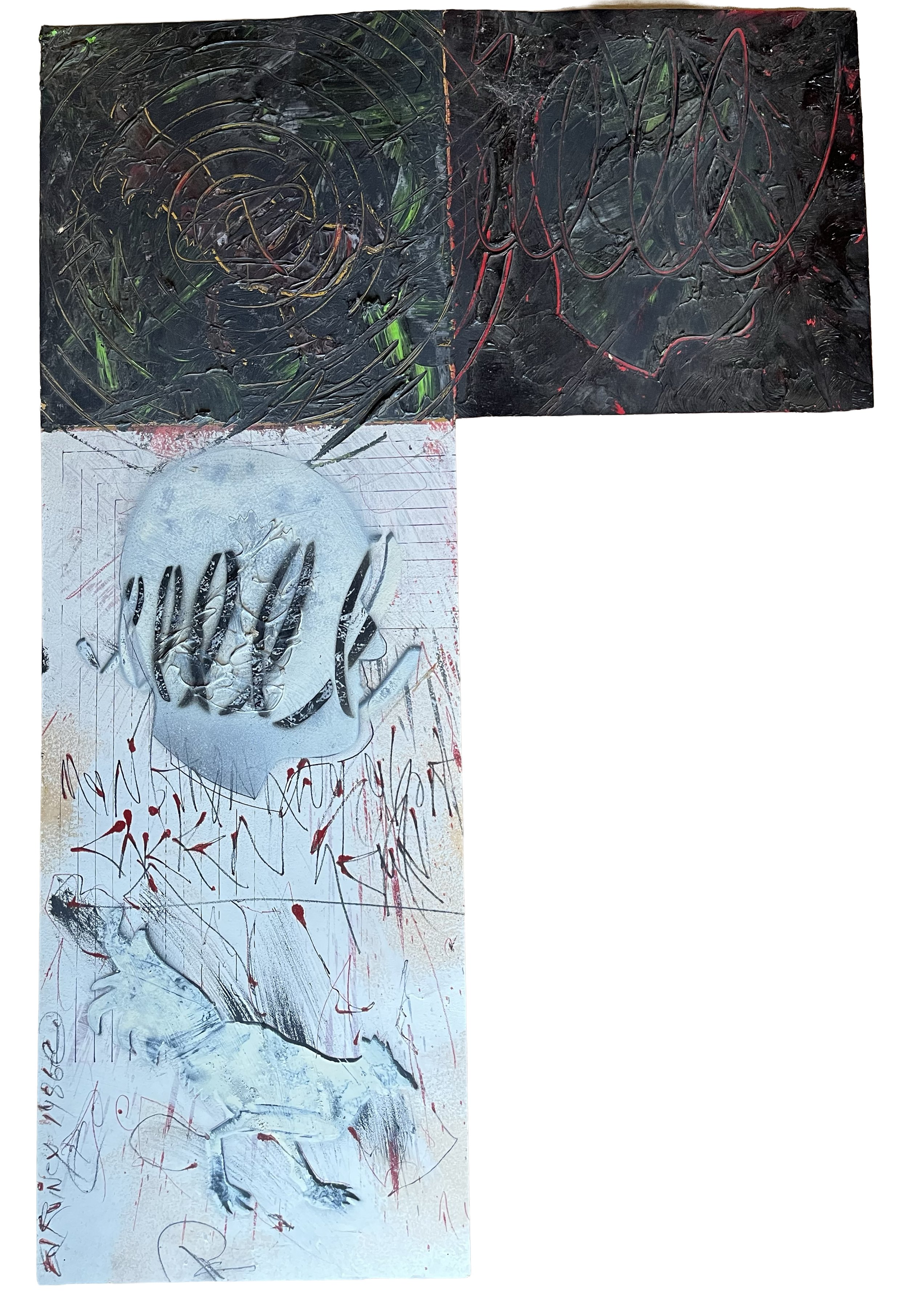 "Man Thinking About Chicken," 1986, mixed media on paper, 54 x 33 in.			
$3500 