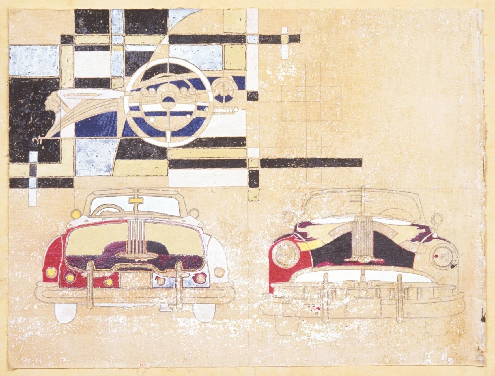 1949 Chieftain, right side of diptych, 2002, mixed media on the reverse side of cloth-backed antique wallpaper, 24 x 18 in.