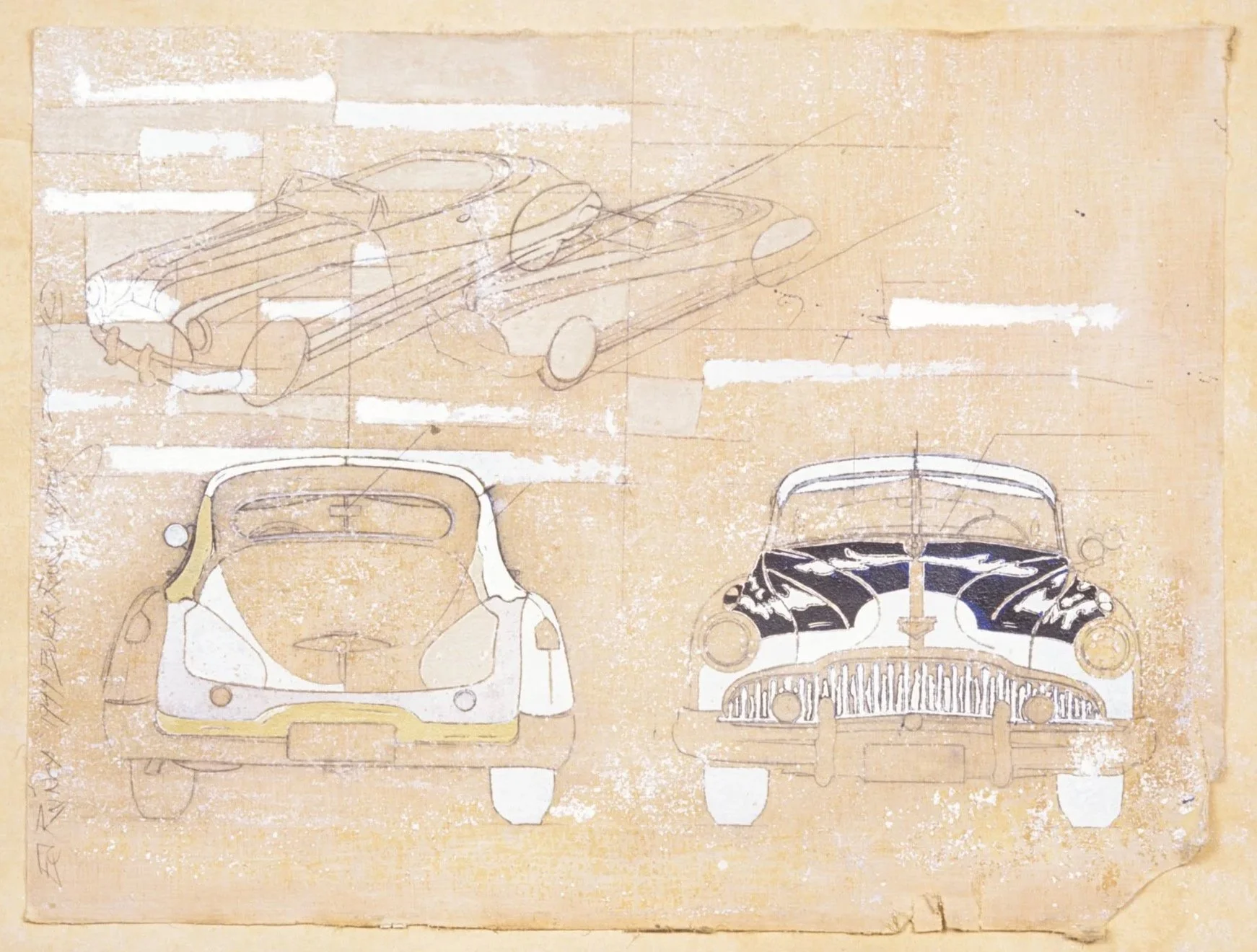 1949 Roadmaster, left side of diptych, 2002, mixed media on the reverse side of cloth-backed antique wallpaper, 24 x 18 in.