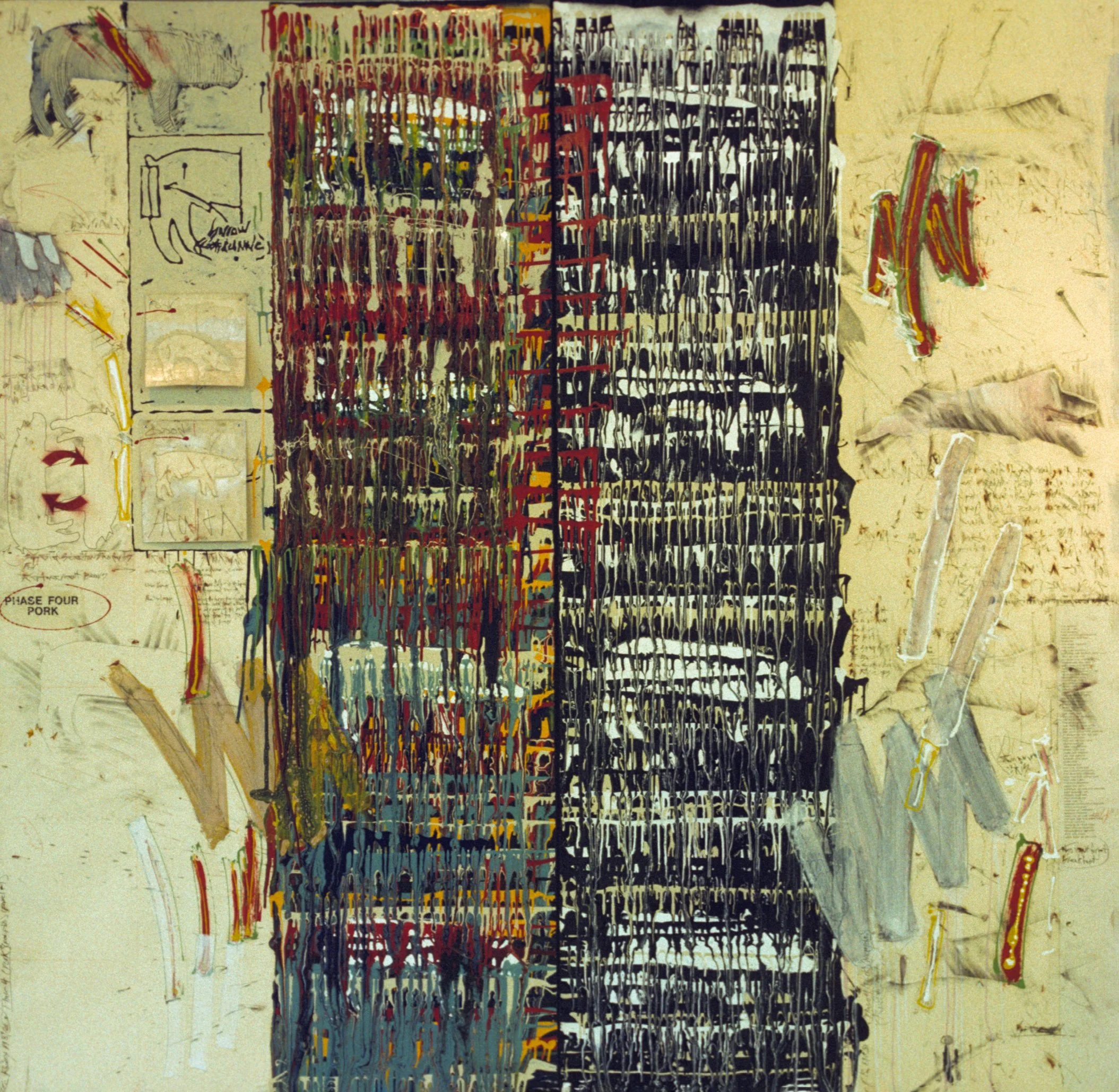 "Phase 4 Pork" (diptych), 1987, 
mixed media on paper, 88 x 88 in.			
$6000, SOLD