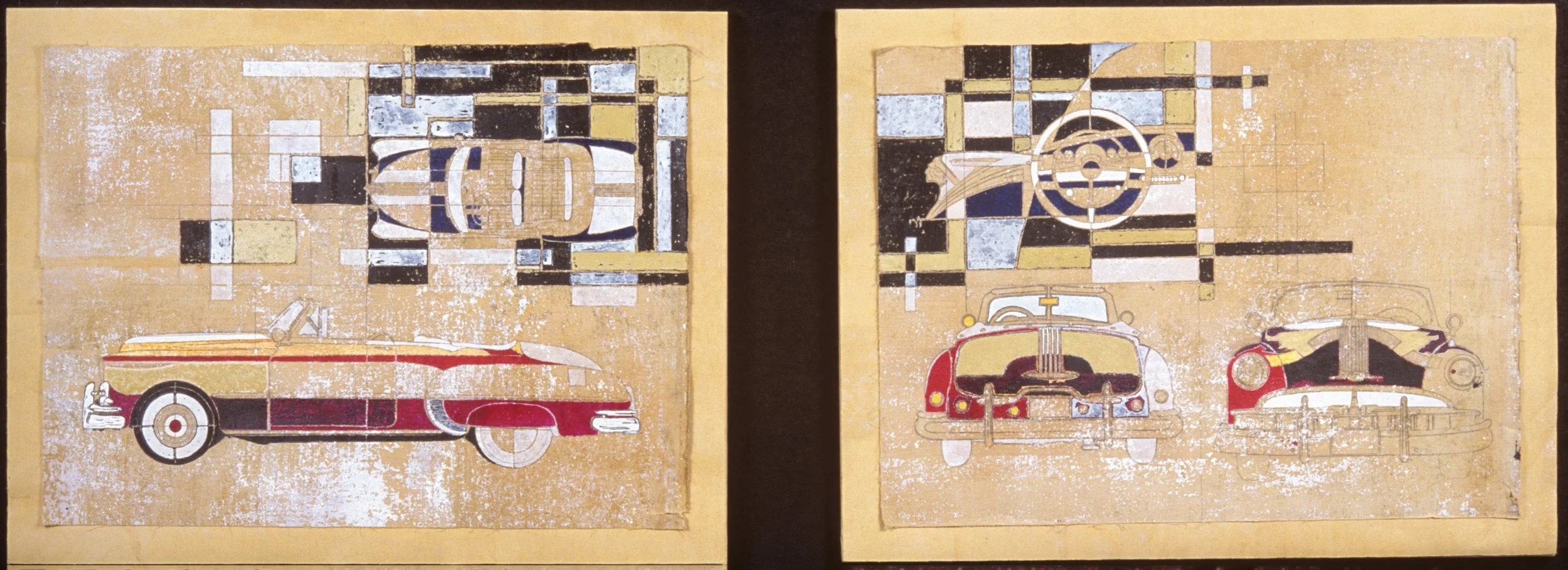 "1949 Chieftain" (diptych), 2002
Mixed media on the reverse side of 
cloth-backed antique wallpaper, 18 x 24 in. each, $3500, SOLD		