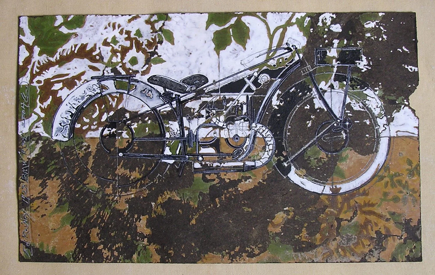 1923 BMW, #2, 2004, mixed media on vintage linoleum,  24 x 18 in.