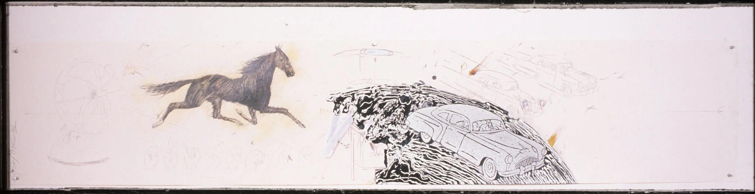 "Horizontal Strip Drawing No. 1 (Lou)," 1998,	
mixed media on paper, 18 x 92 in. 			
$4000