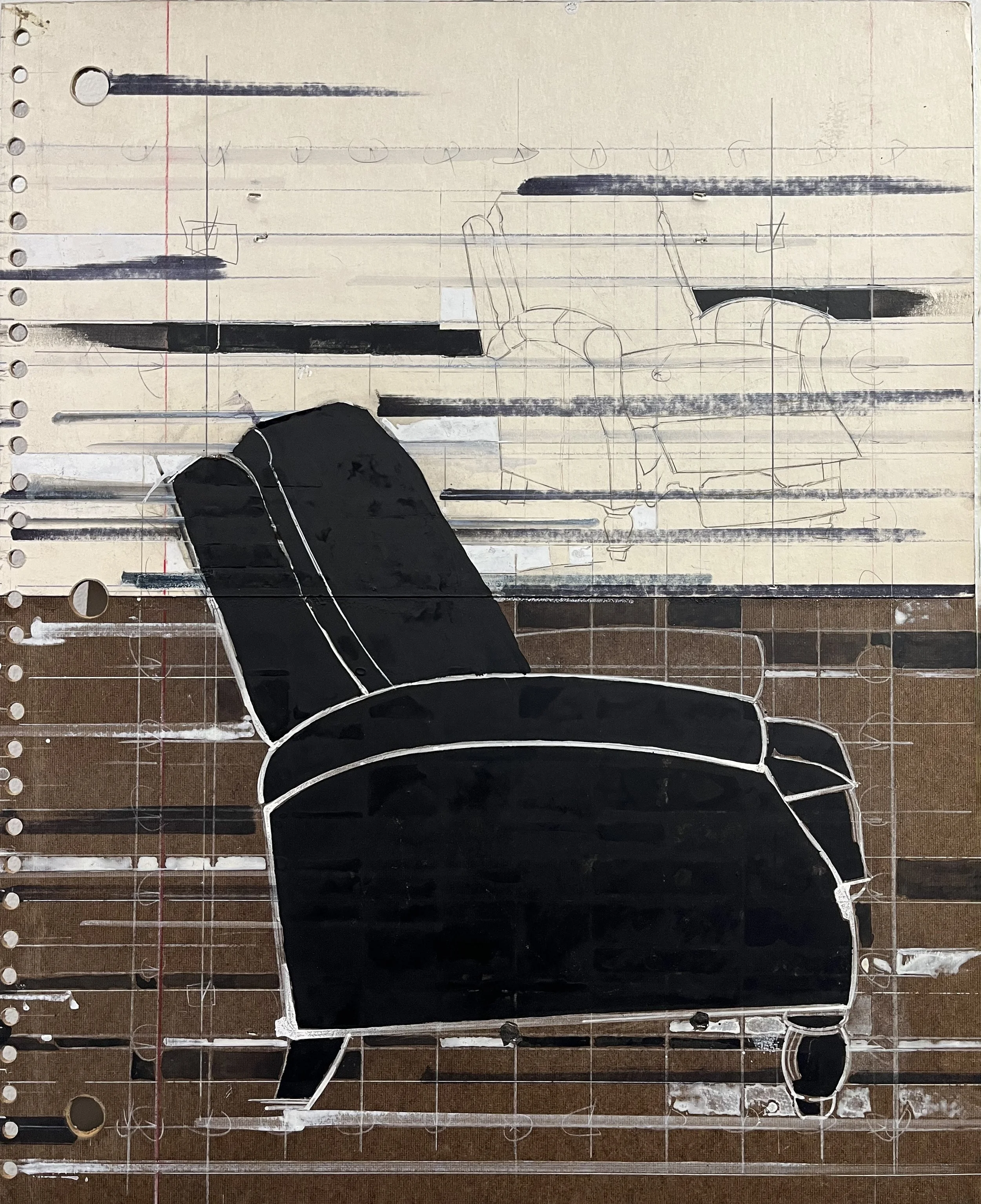 "Three in One, Chair," 2019,
mixed media on paper and MDF board, 24 x19.5 in.		
$2000